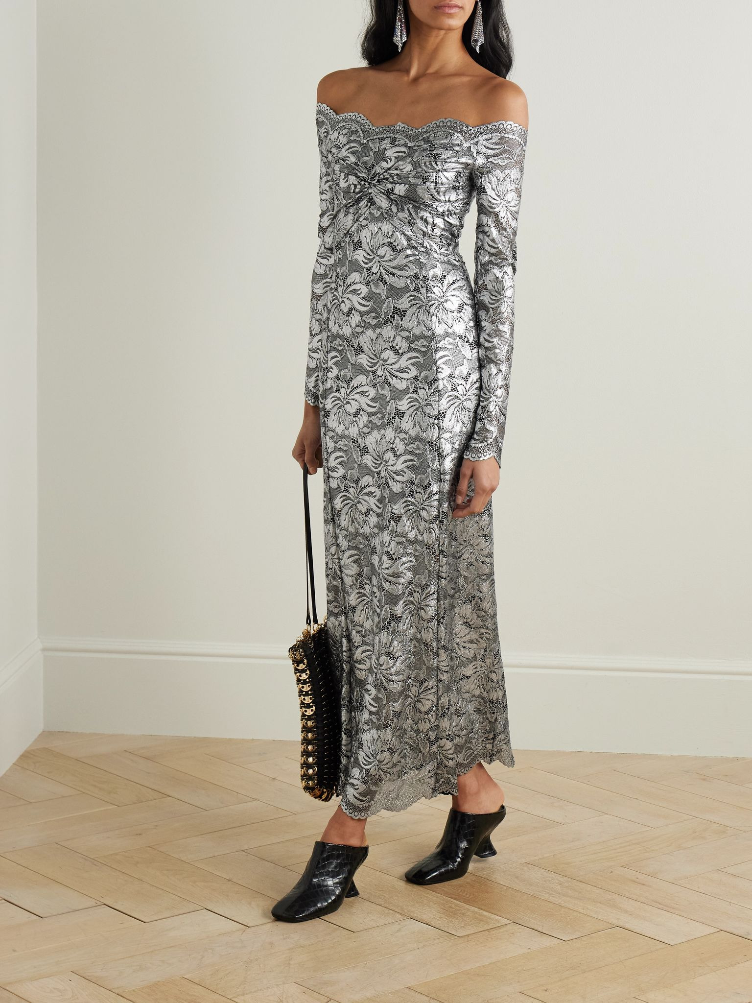 Off-shoulder metallic stretch-lace midi dress Silver - 2