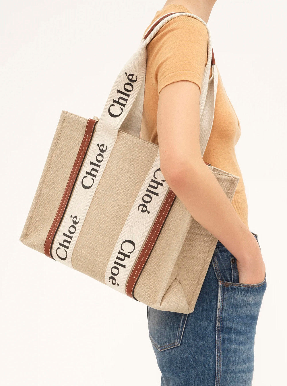Chloé Women 'Medium Woody' Beige Handbag With Logo Lettering On The Front In Linen Woman - 6