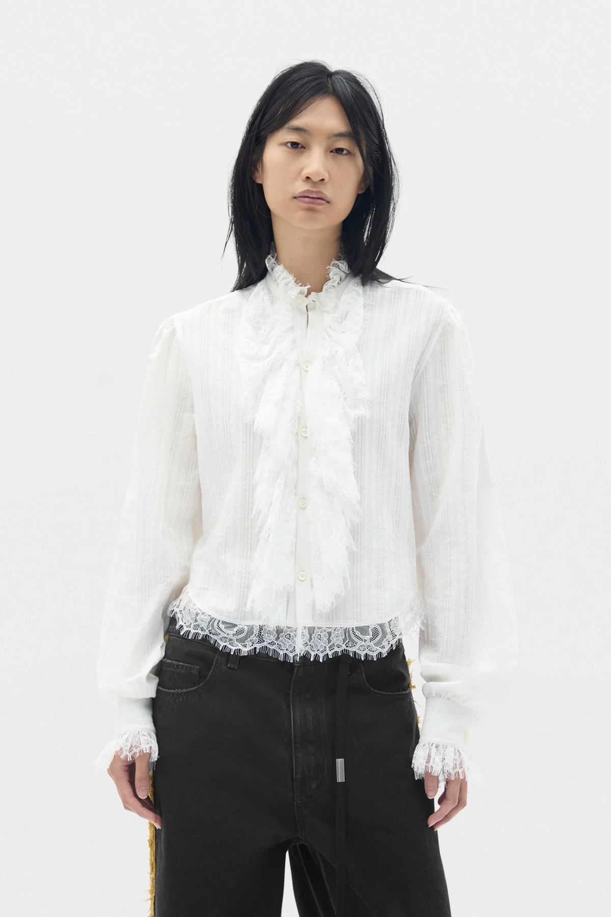 Freda Cropped Shirt with Lace Ruffles - 1