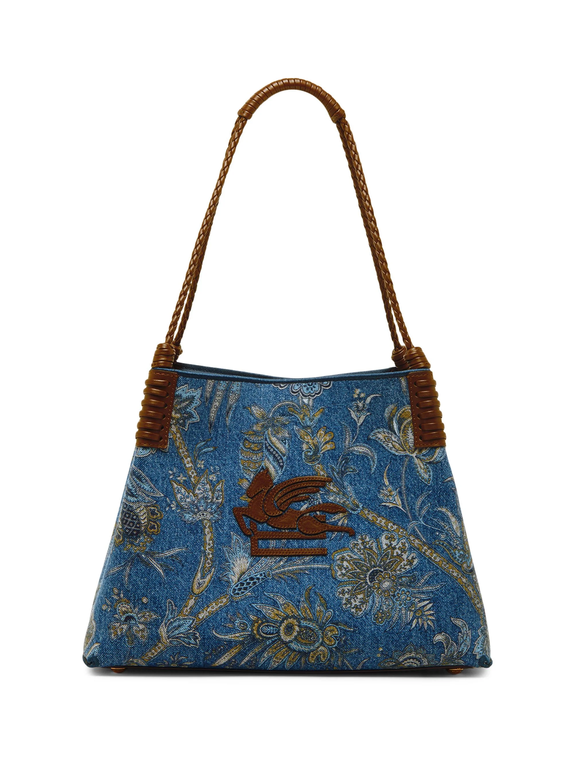 Women's Libra Small Printed Jacquard Denim Shopper Tote Bag - Print On Blue Base - 1