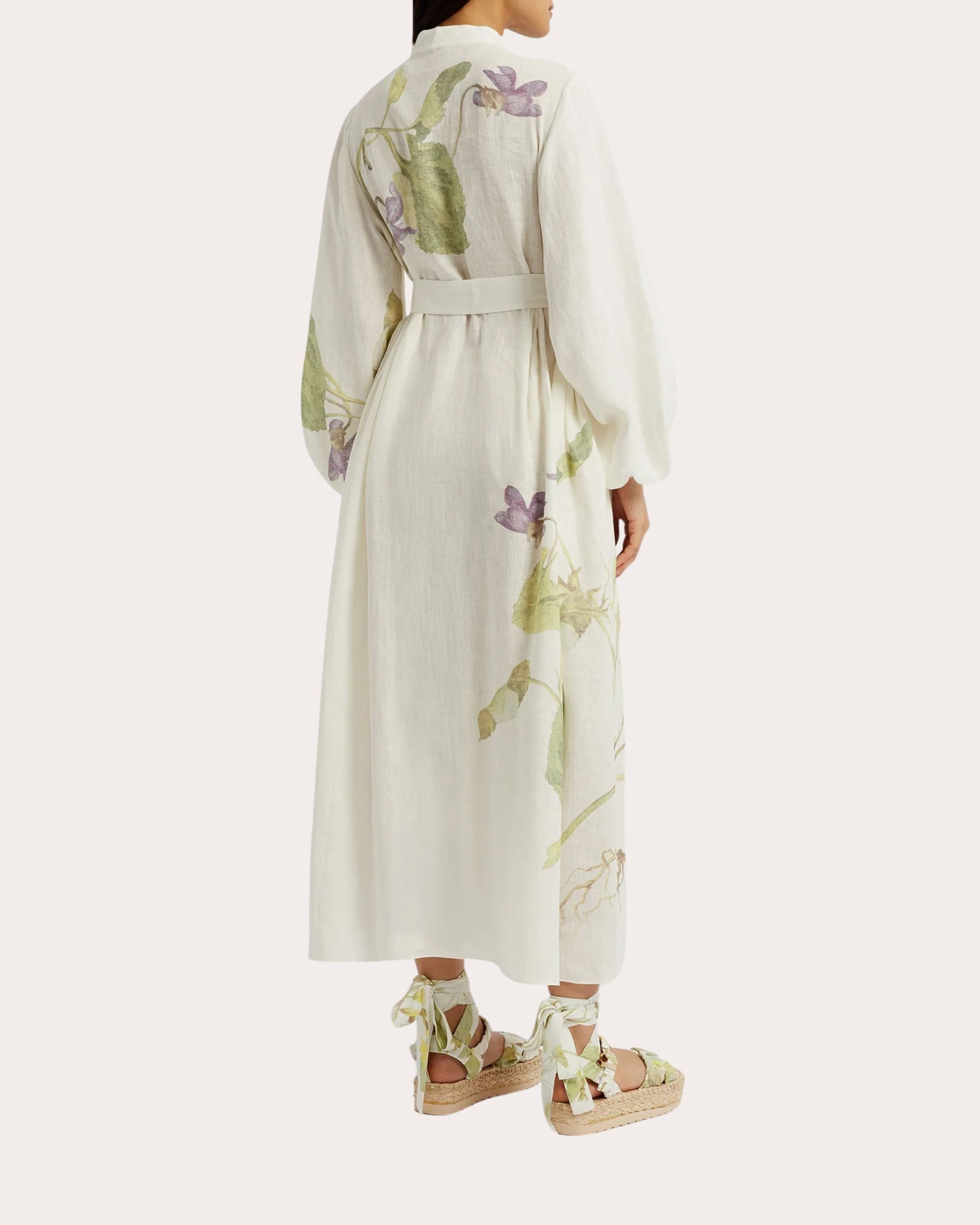 Floral Print Side Tie Linen Midi Dress - 4
