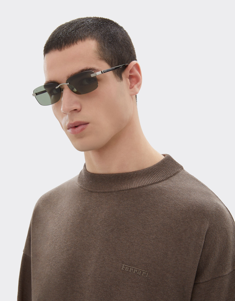 Ferrari Ferrari sunglasses in brushed silver titanium and acetate with green lenses outlook