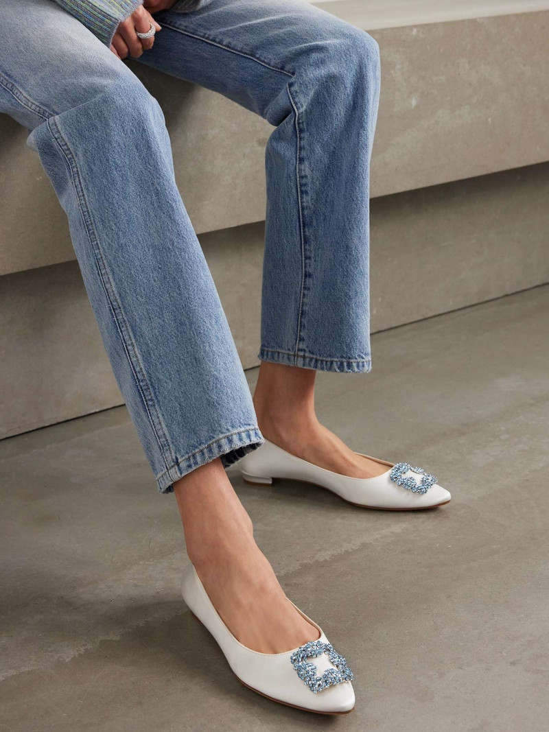 Manolo Blahnik Hangisiflat crystal-embellished satin point-toe flats White outlook