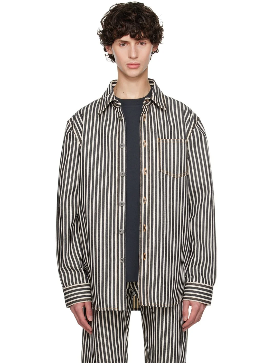 Navy & Off-White Striped Shirt - 1