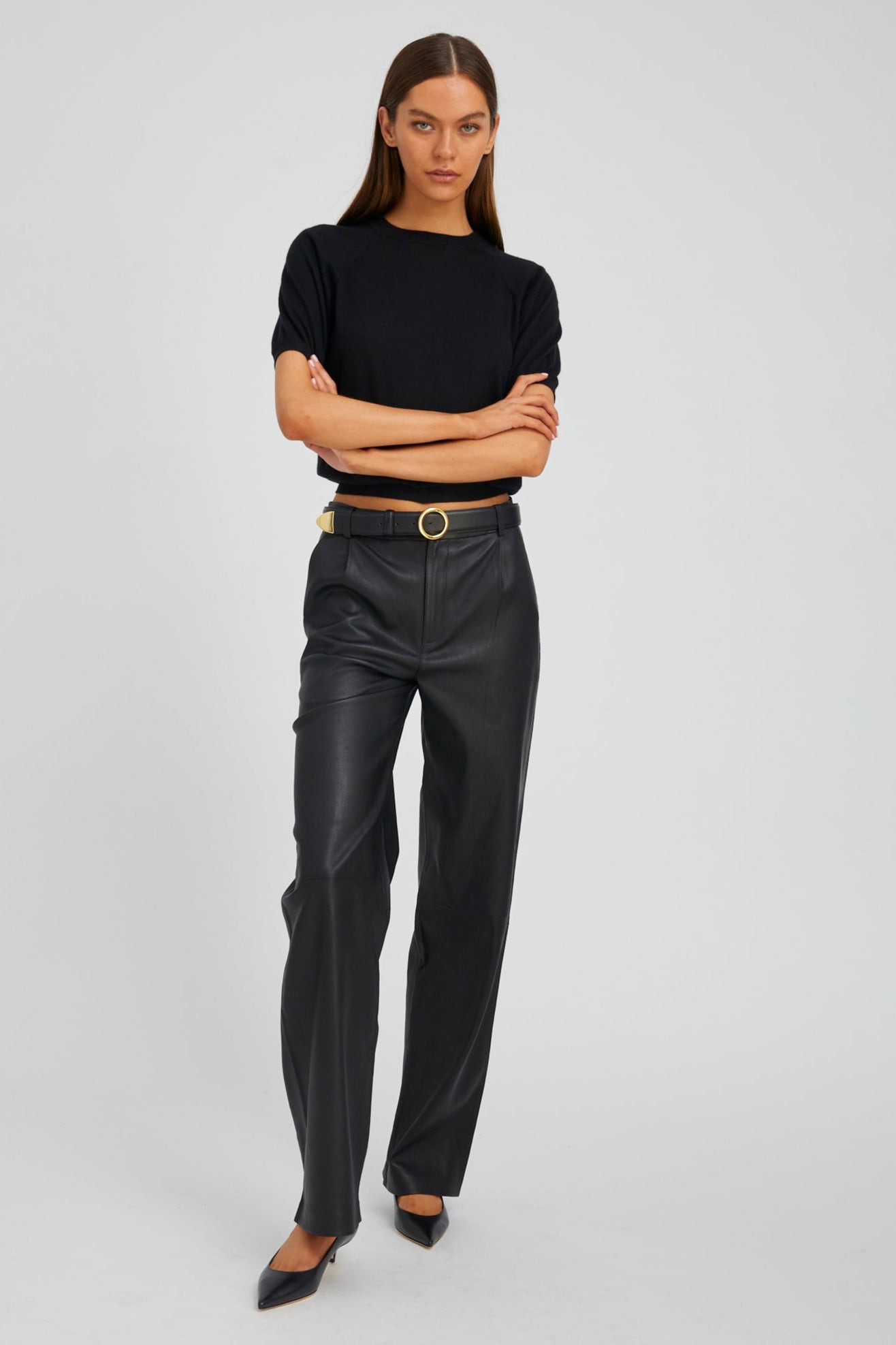 BLACK LEATHER STRAIGHT LEG PLEATED TROUSERS - 3