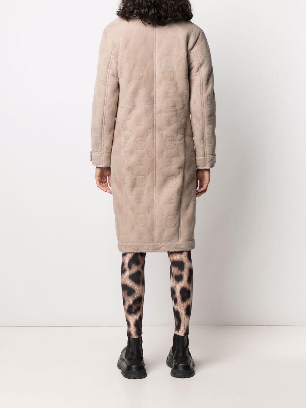 monogram-embossed long shearling coat - 4