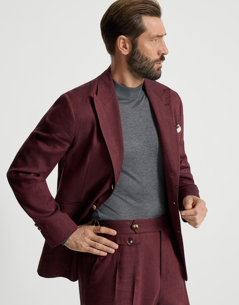 Linen and virgin wool chevron deconstructed blazer with peak lapels and metal buttons 5