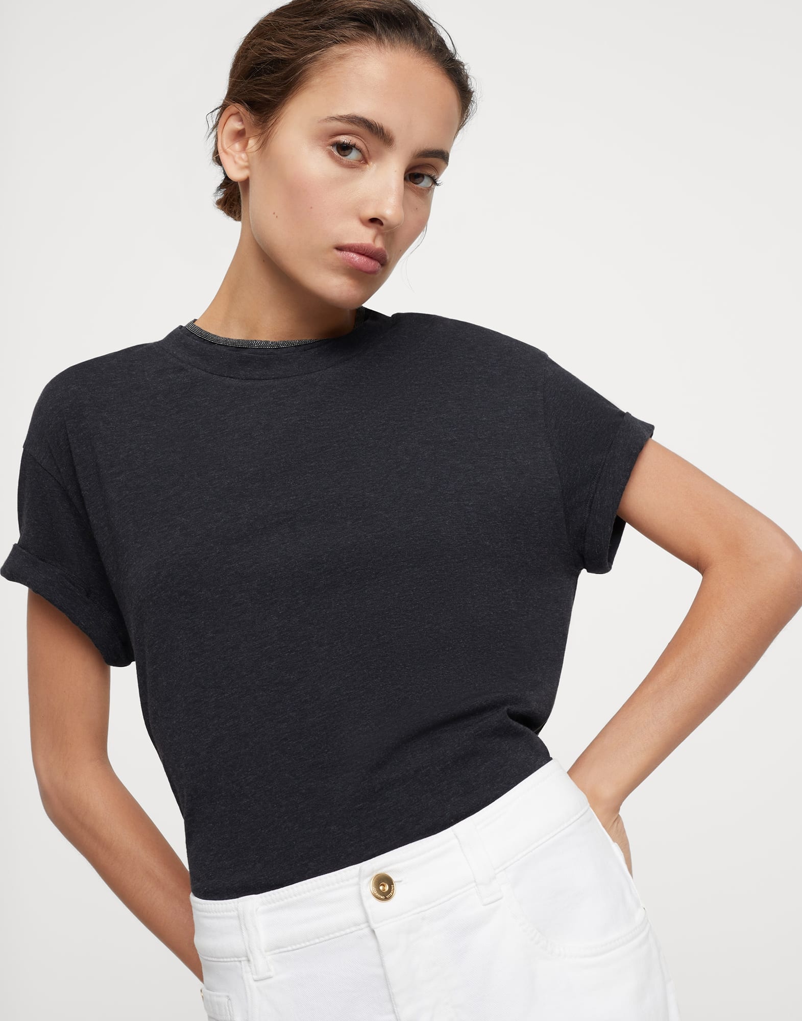 Stretch cotton jersey T-shirt with precious faux-layering - 4