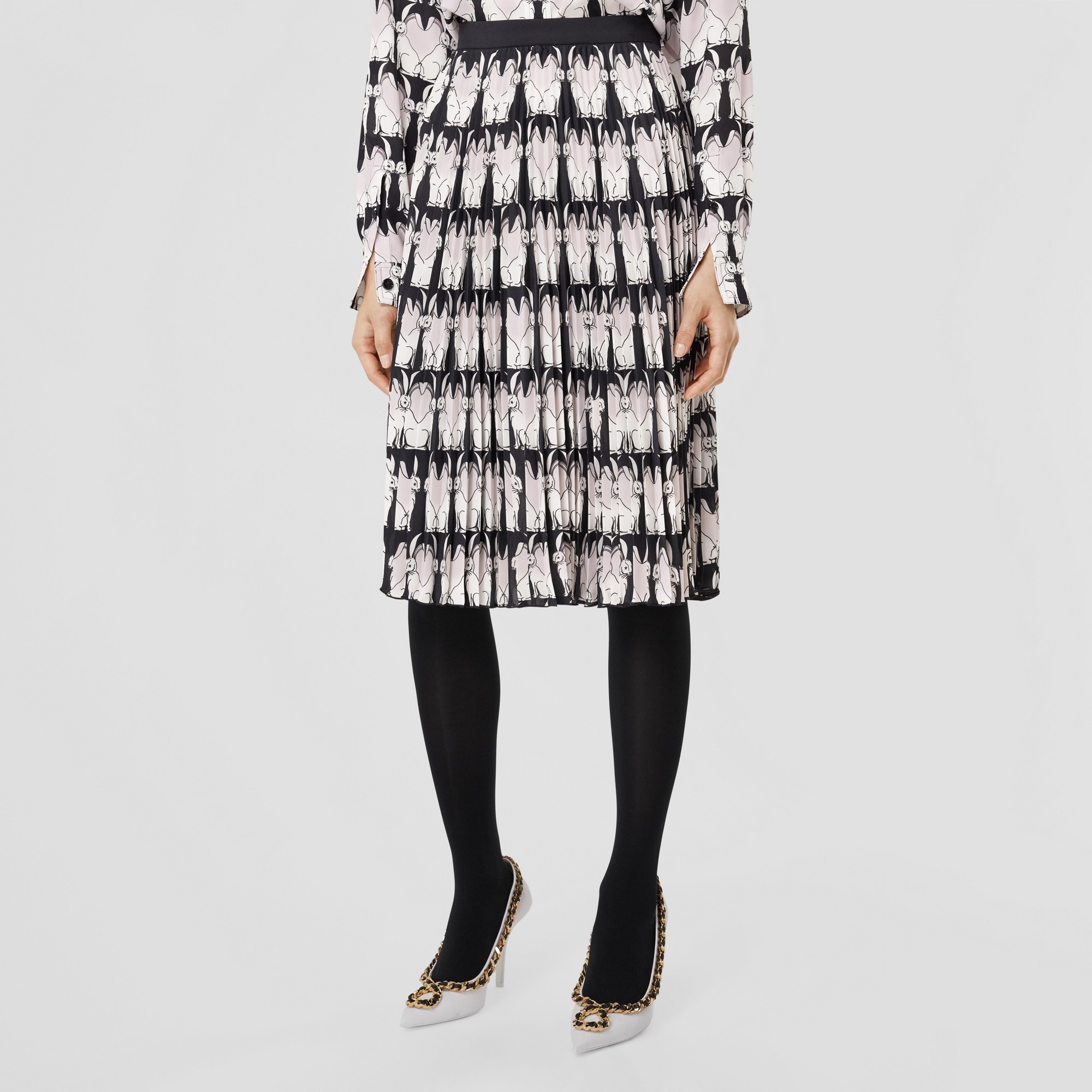 Rabbit Print Pleated Crepe de Chine Skirt - 5