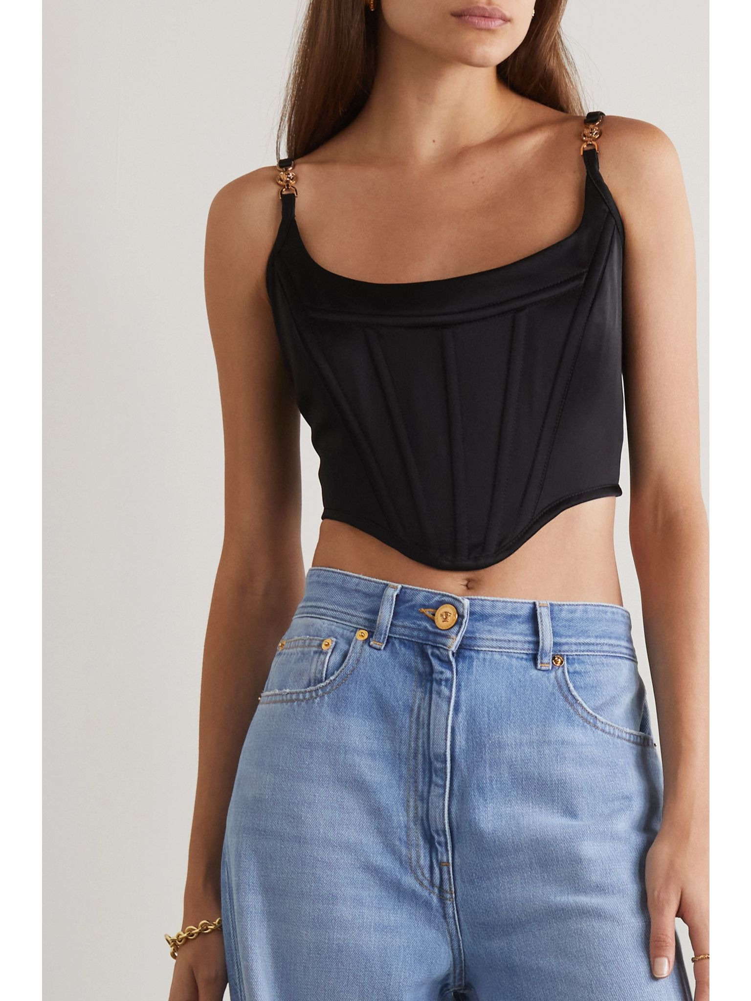 Icons cropped embellished satin bustier top Black - 3