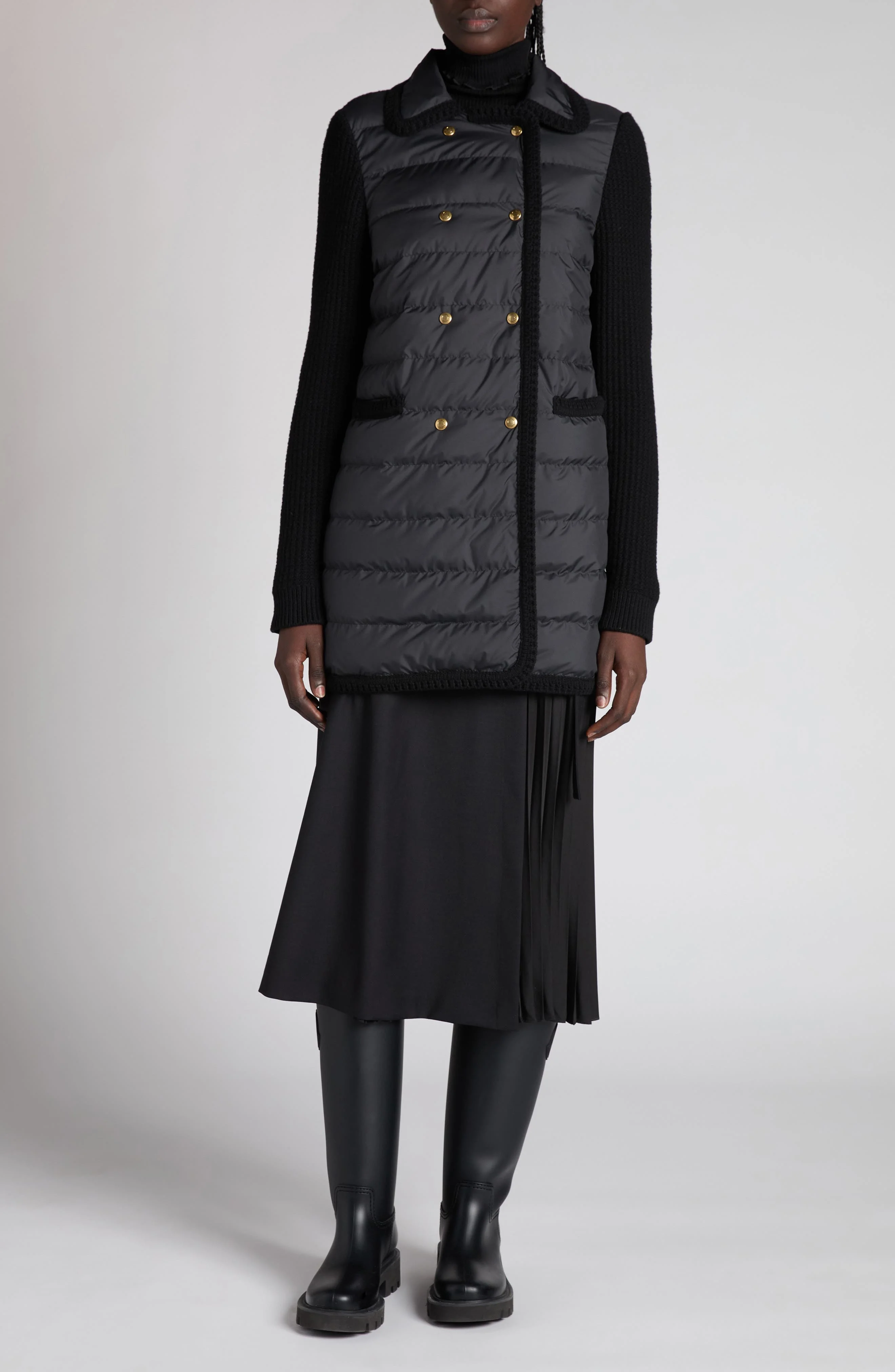 Moncler Double Breasted Knit & Quilted Down Longline Cardigan in Black at Nordstrom - 1