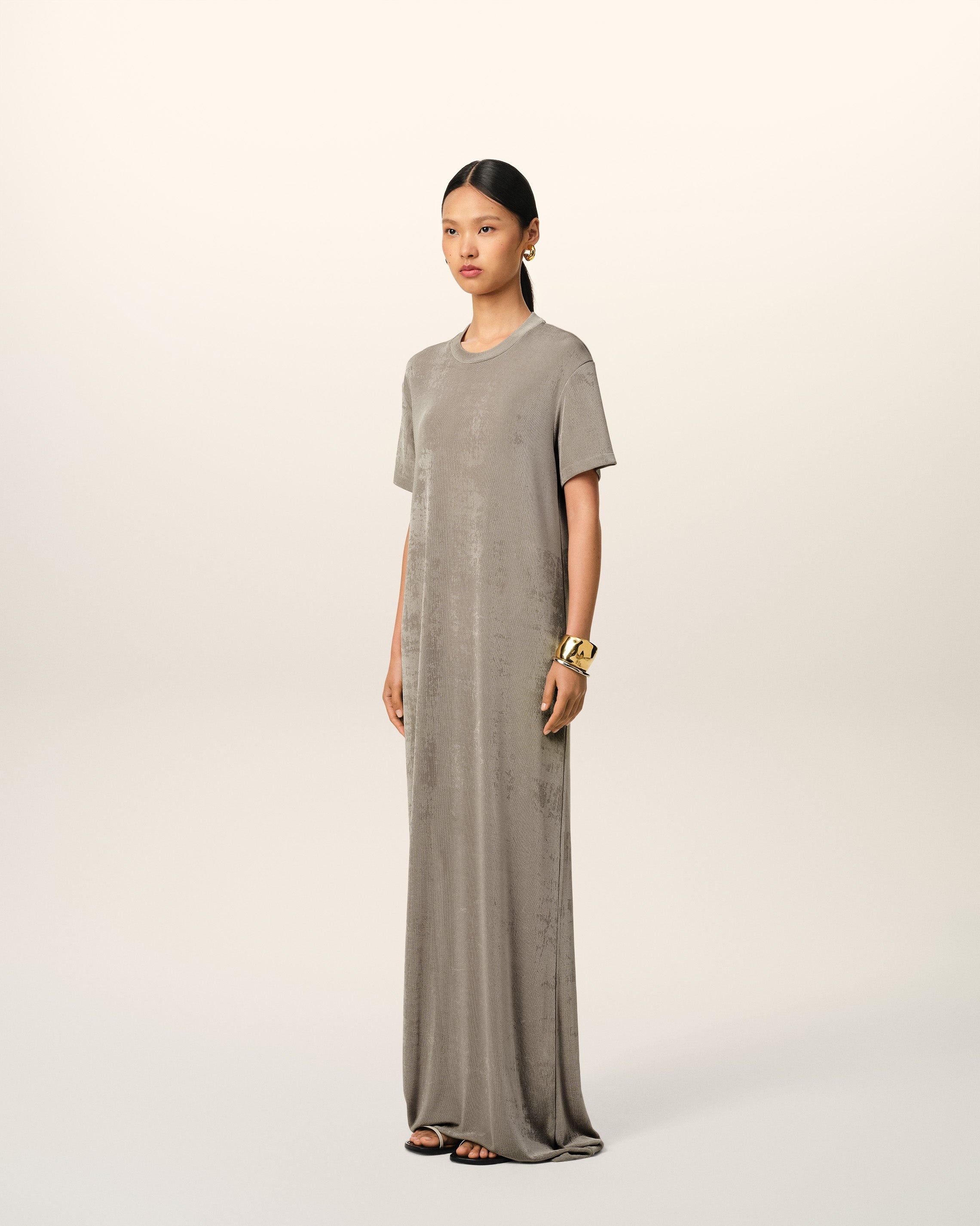 BEIGE RIB JERSEY SHORT SLEEVE LONG DRESS - 6