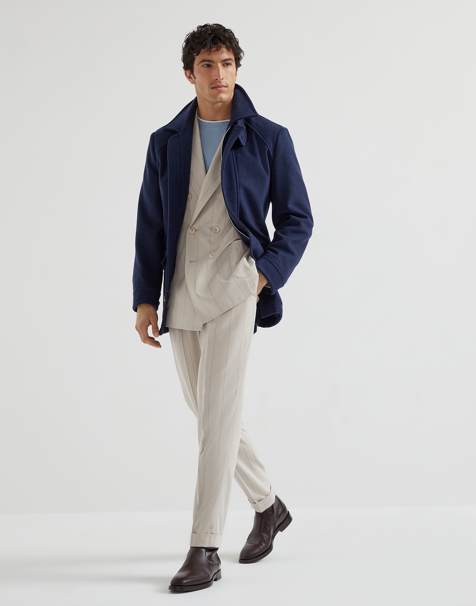 Silk wide chalk stripe twill one-and-a-half breasted deconstructed blazer with patch pockets - 5
