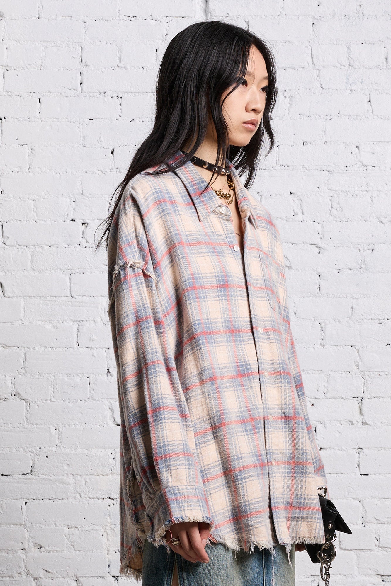SHREDDED SEAM DROP NECK - BLEACHED ECRU PLAID - 5