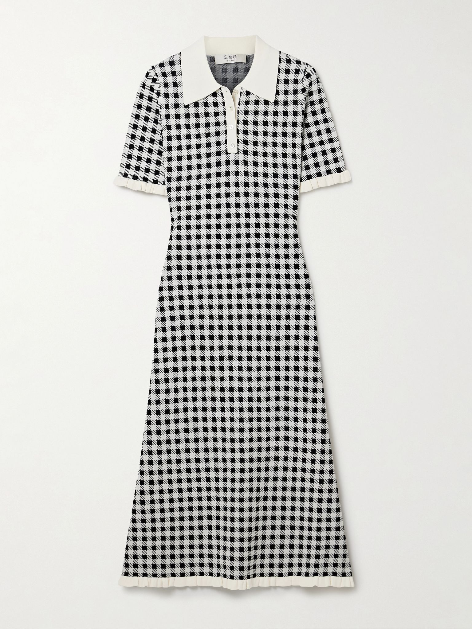 Saige ruffled checked jacquard-knit midi dress Black - 1