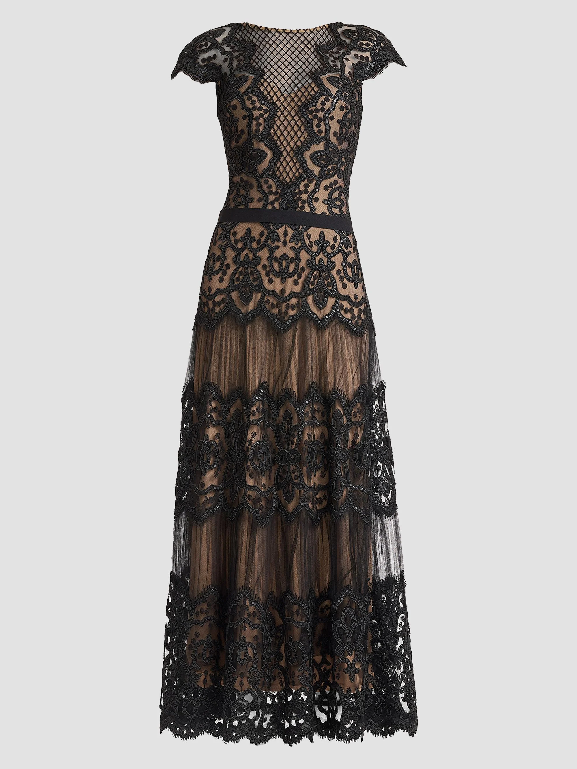 Women's Embellished Lace Gown - Black Beige - 1