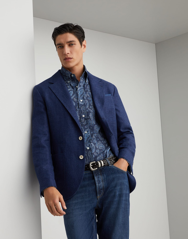 Linen, wool and silk diagonal deconstructed blazer with patch pockets 4