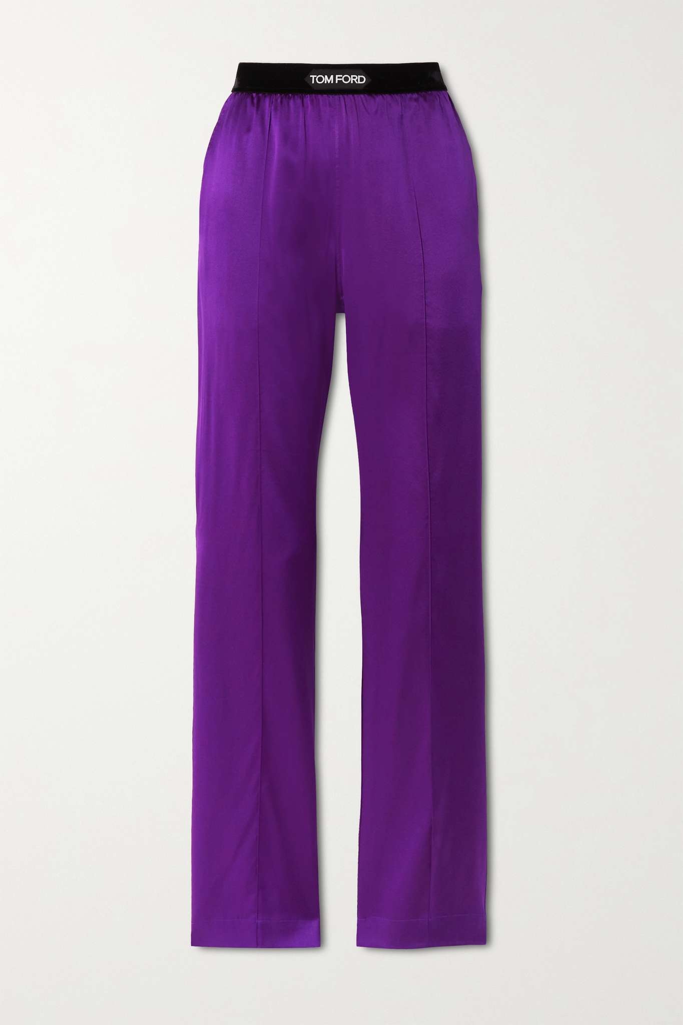 Velvet-trimmed stretch-silk satin pants - 1