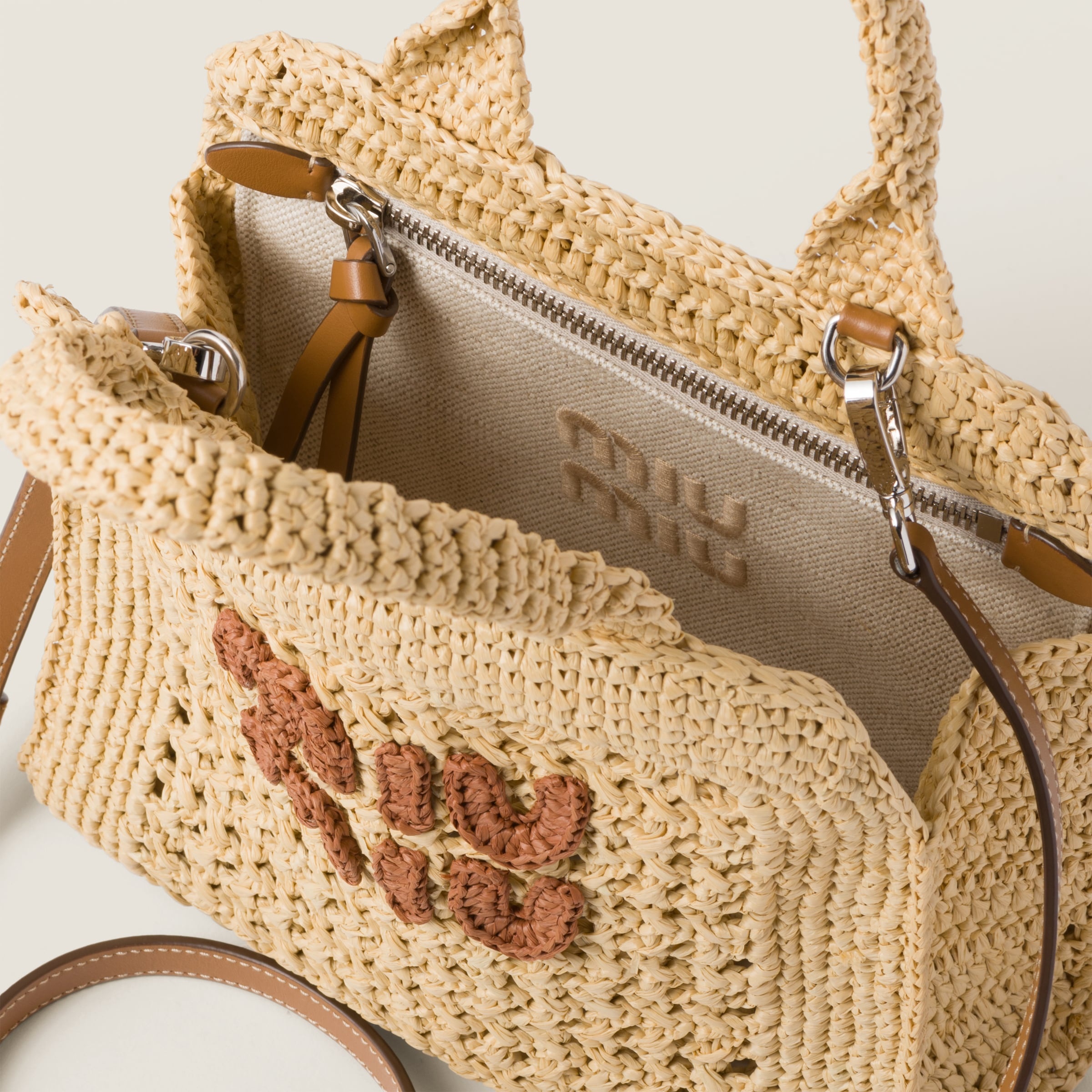 Miu Miu Raffia-effect crochet fabric tote bag | miumiu | REVERSIBLE