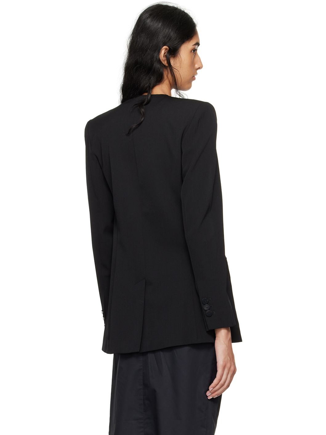 Black Raw Edge Collarless Blazer - 3