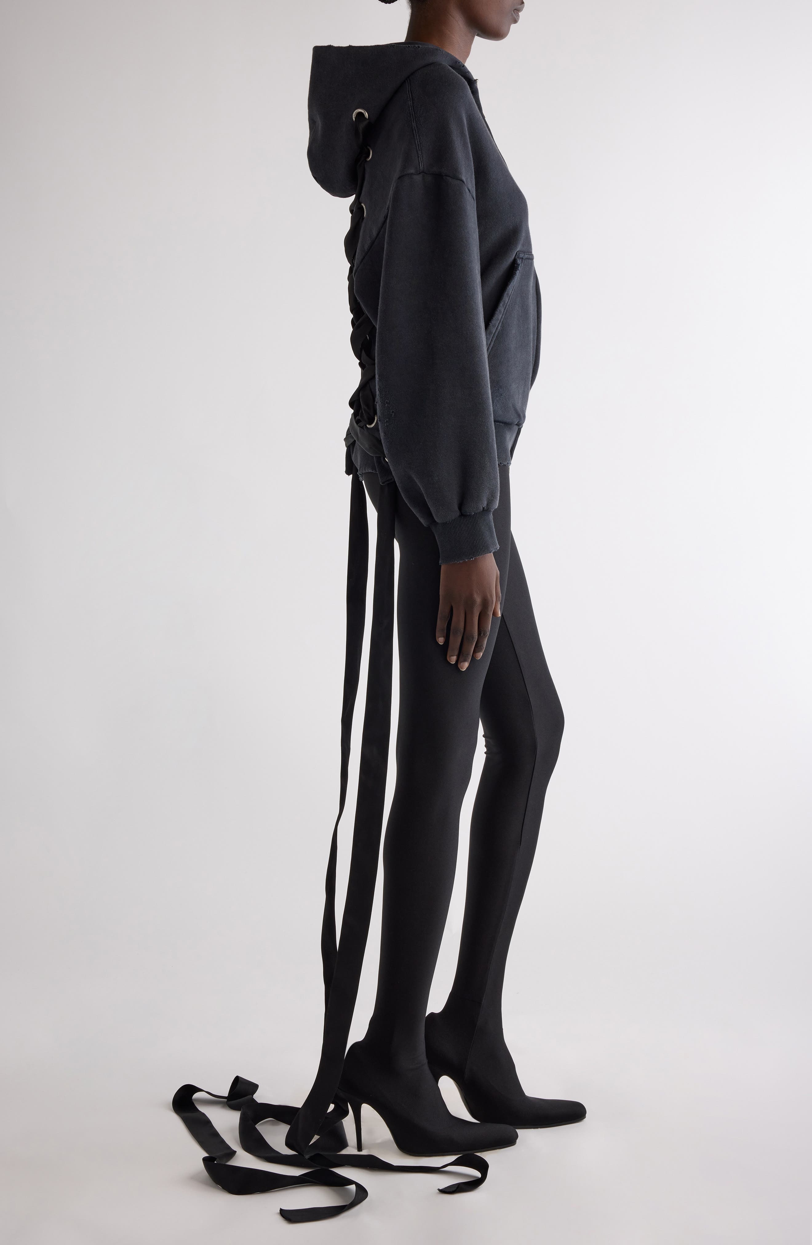 Balenciaga Lace-Up Back Zip Hoodie in 1041 Faded Washed Black at Nordstrom - 3