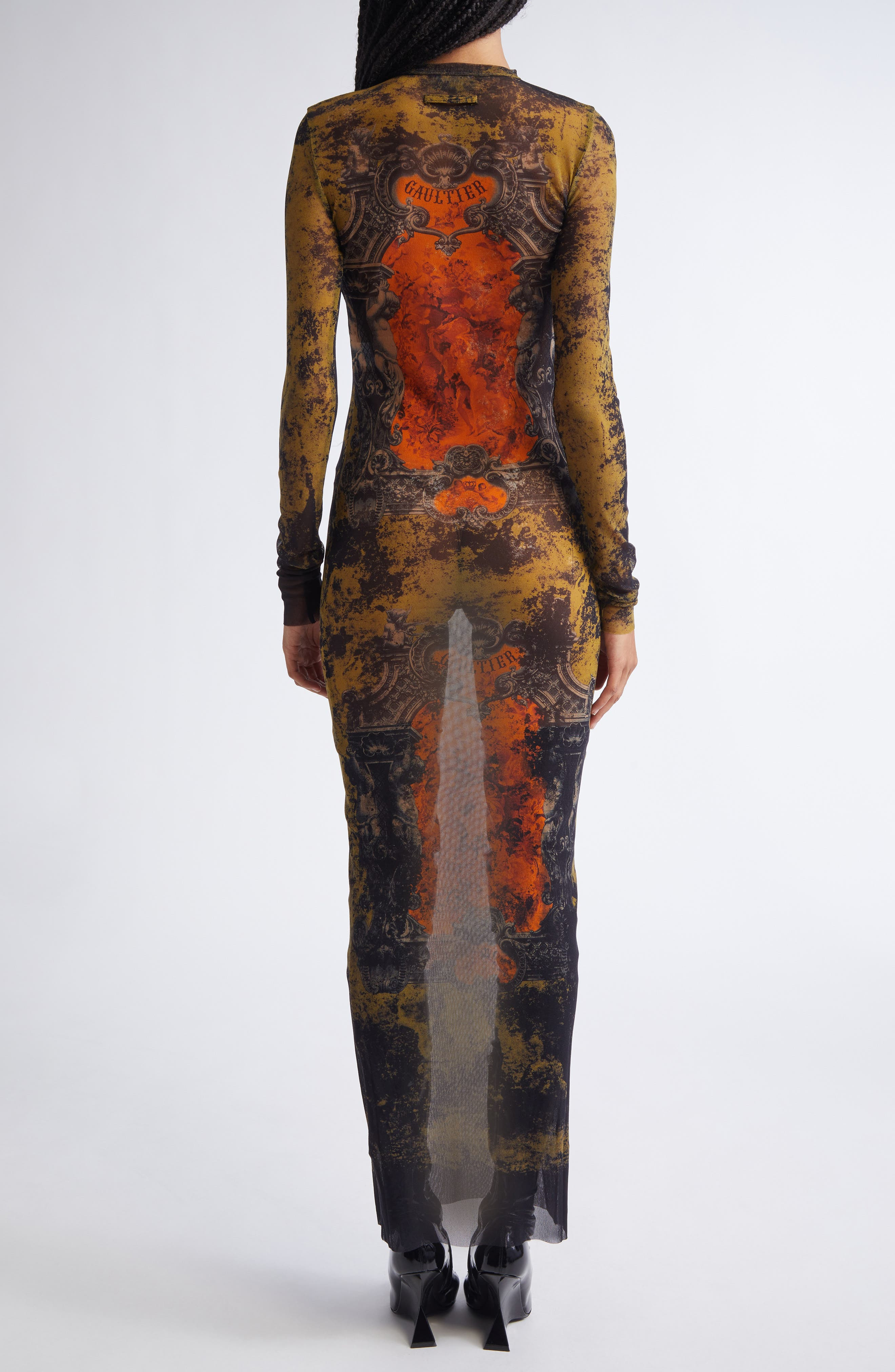 Jean Paul Gaultier Medallion Print Long Sleeve Mesh Body-Con Dress in Black/Khaki/Orange at Nordstro - 2