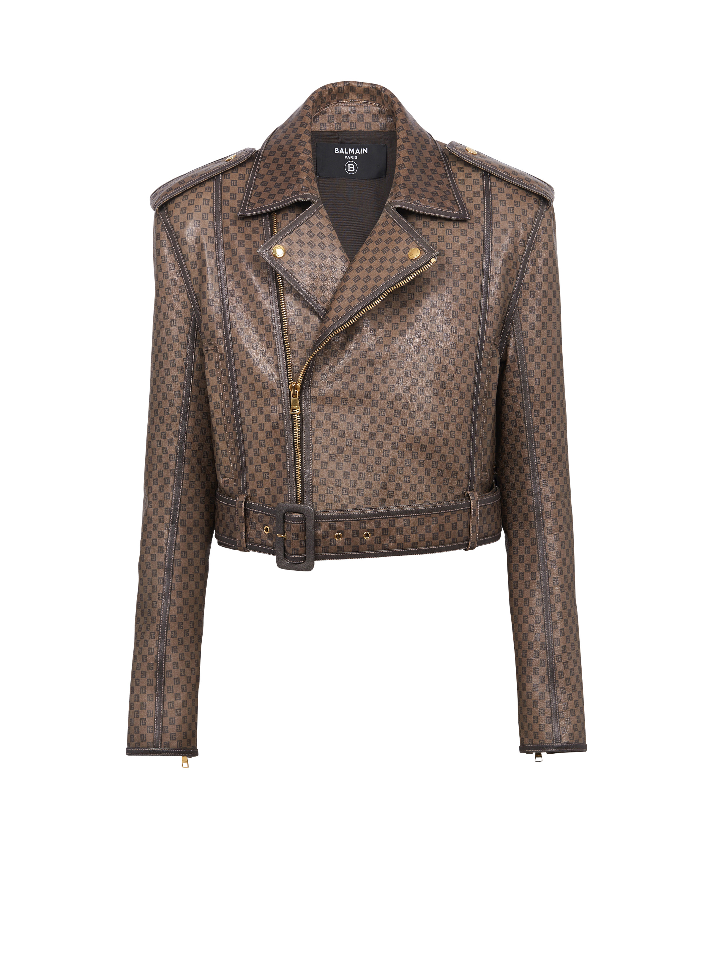 Leather biker jacket with mini monogram print - 1