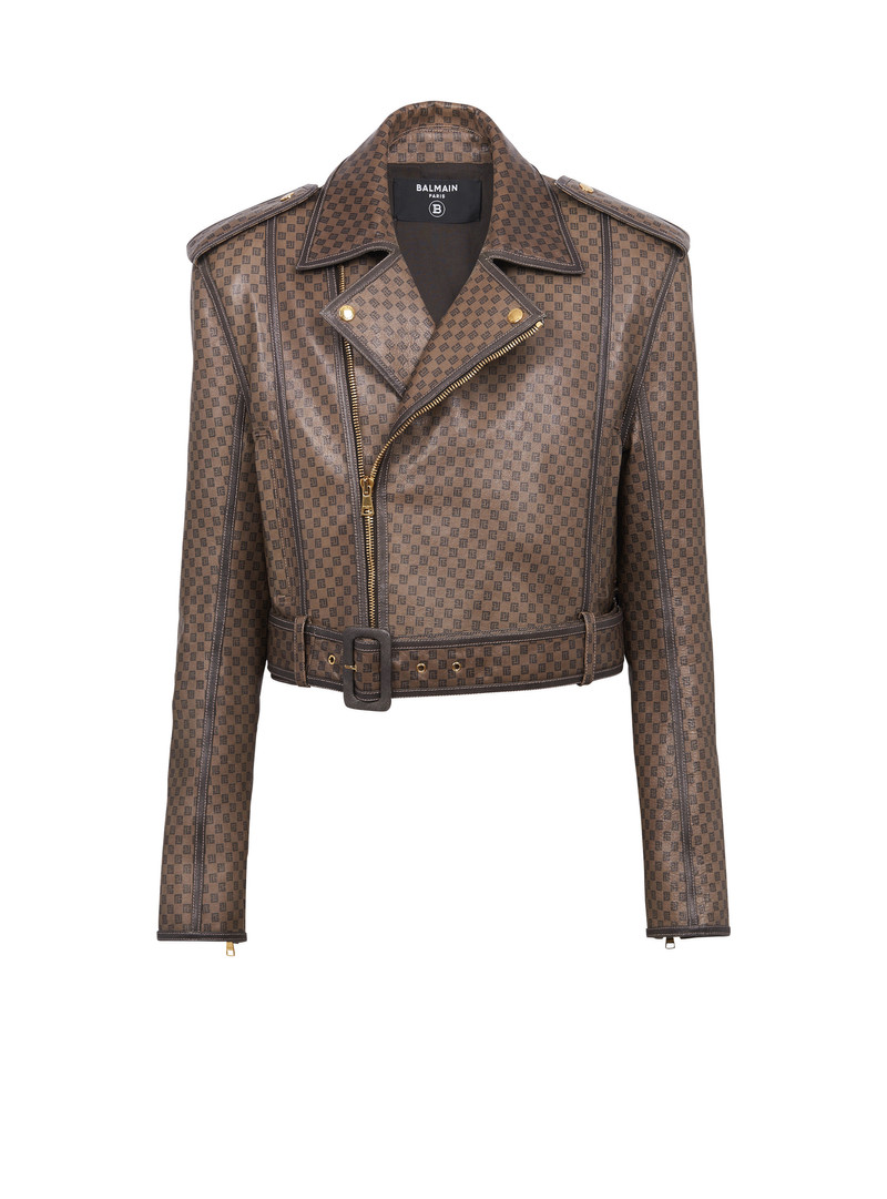 Leather biker jacket with mini monogram print 1