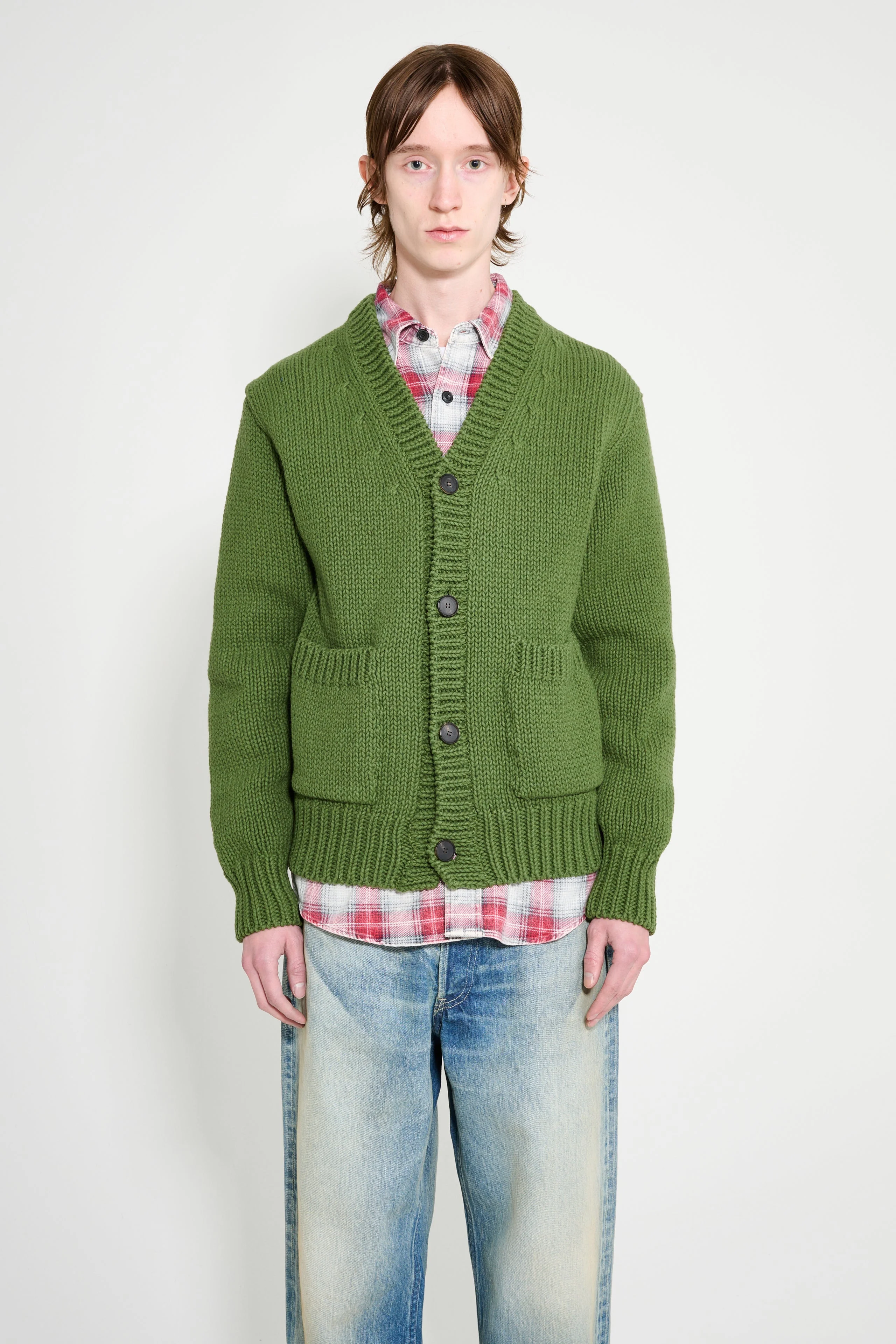 AURALEE WOOL CASHMERE FELTED KNIT CARDIGAN OLIVE - 1