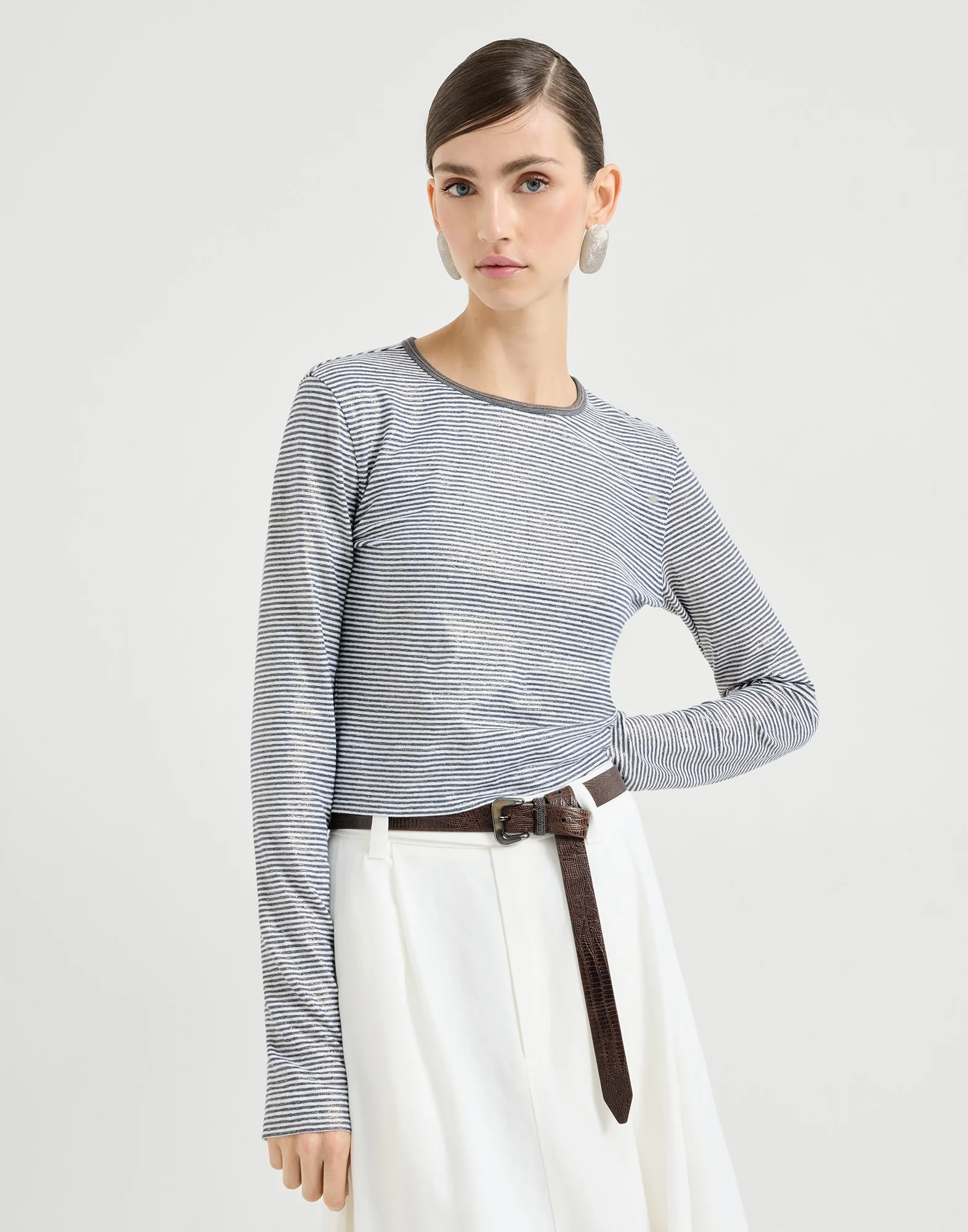 Striped linen lamé jersey top with shiny trim - 1