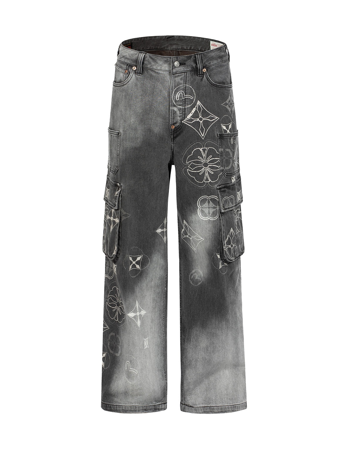 Tie-Dye Kamon and Seagull Print Fashion Fit Cargo Jeans - 12