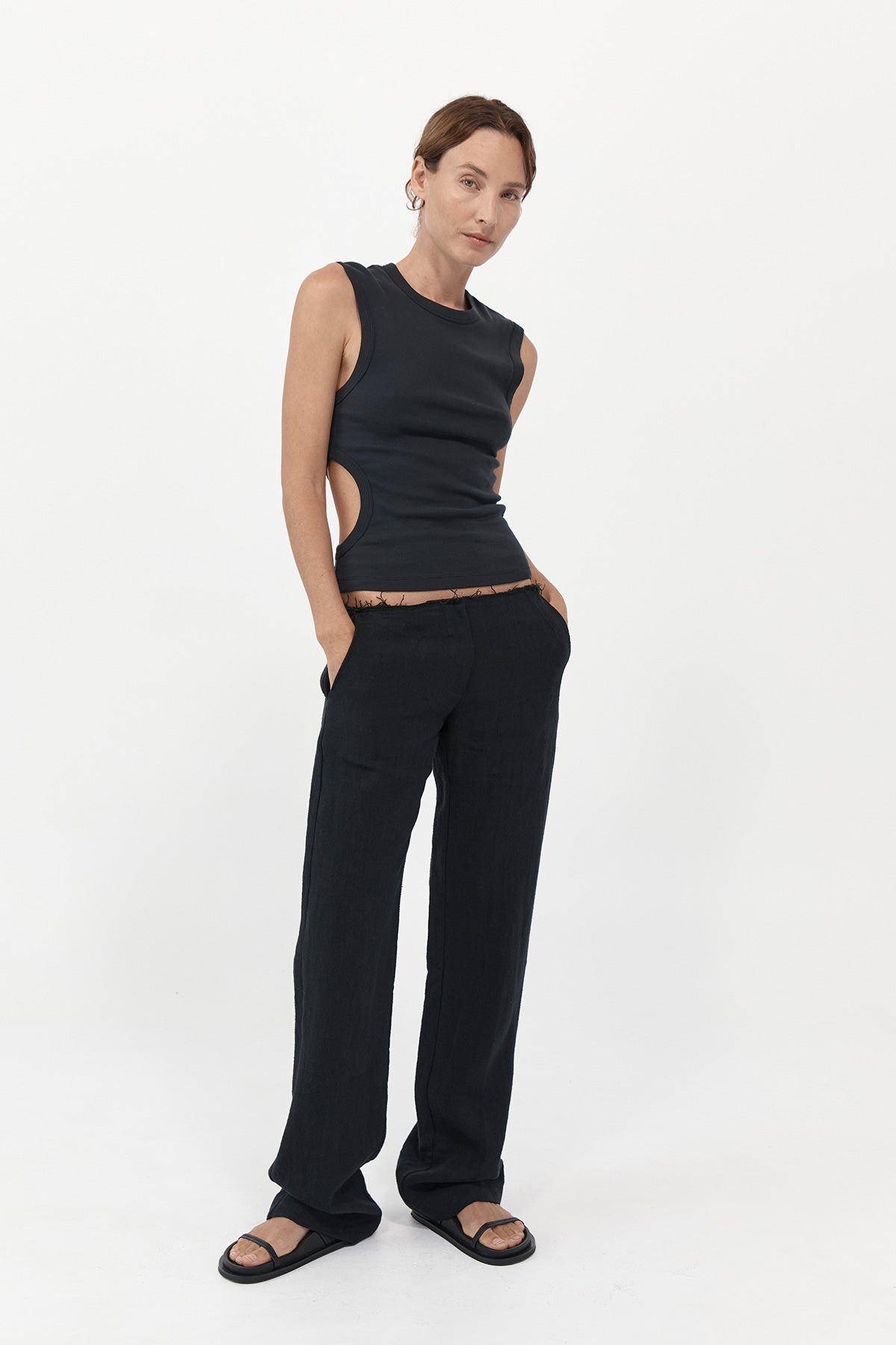 Low Waist Raw Edge Pants - Black - 2