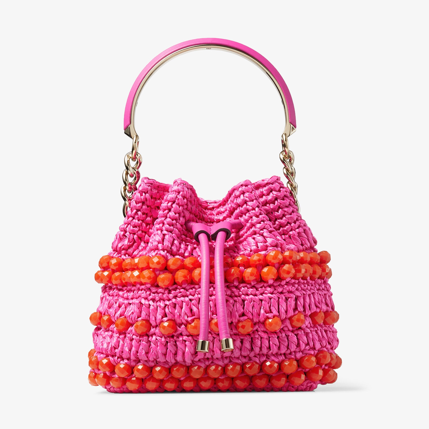 Bon Bon Bucket S
Fuchsia Beaded Raffia and Smooth Leather Tote Bag - 1