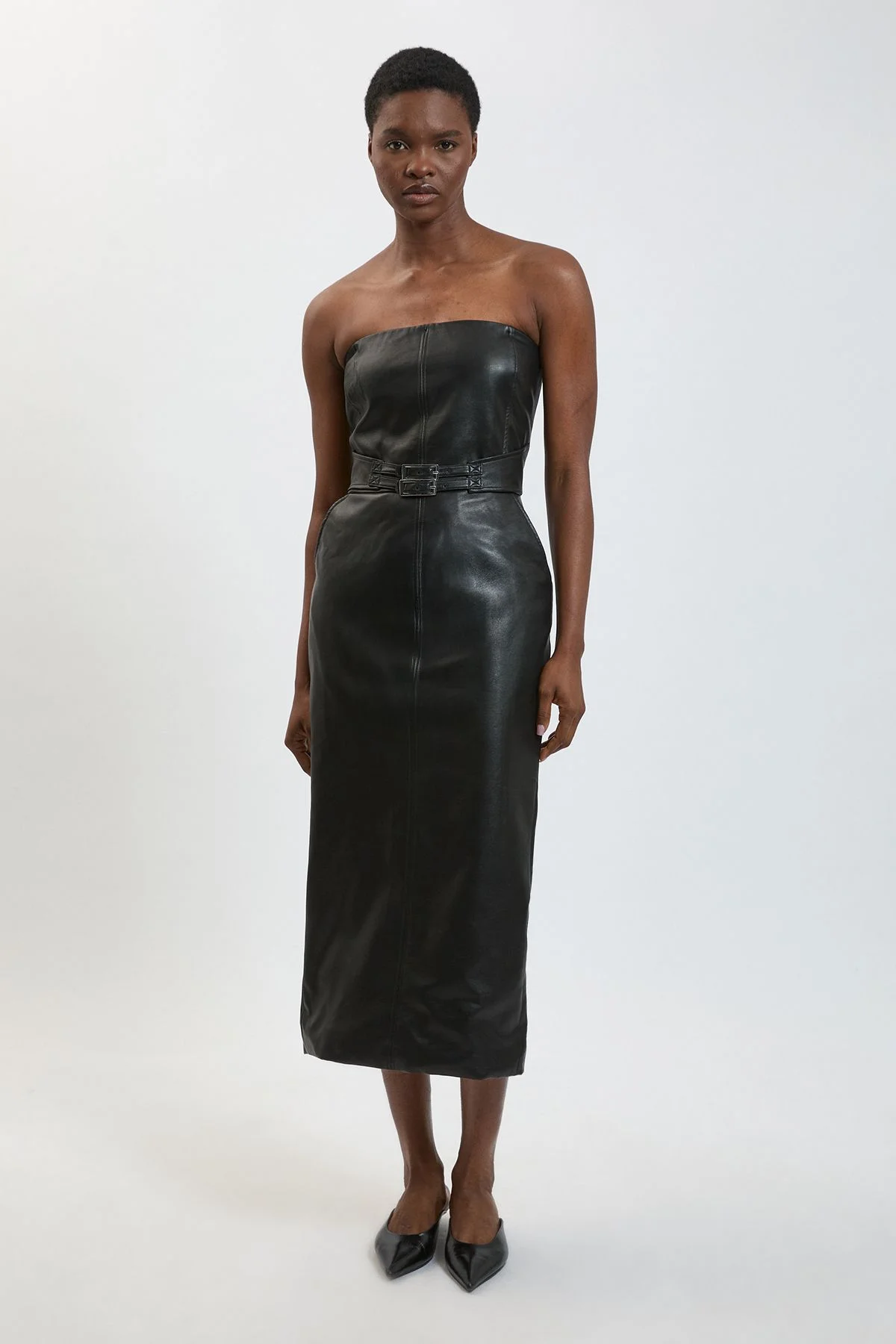 Faux Leather Belted Bandeau Midi Dress - 1