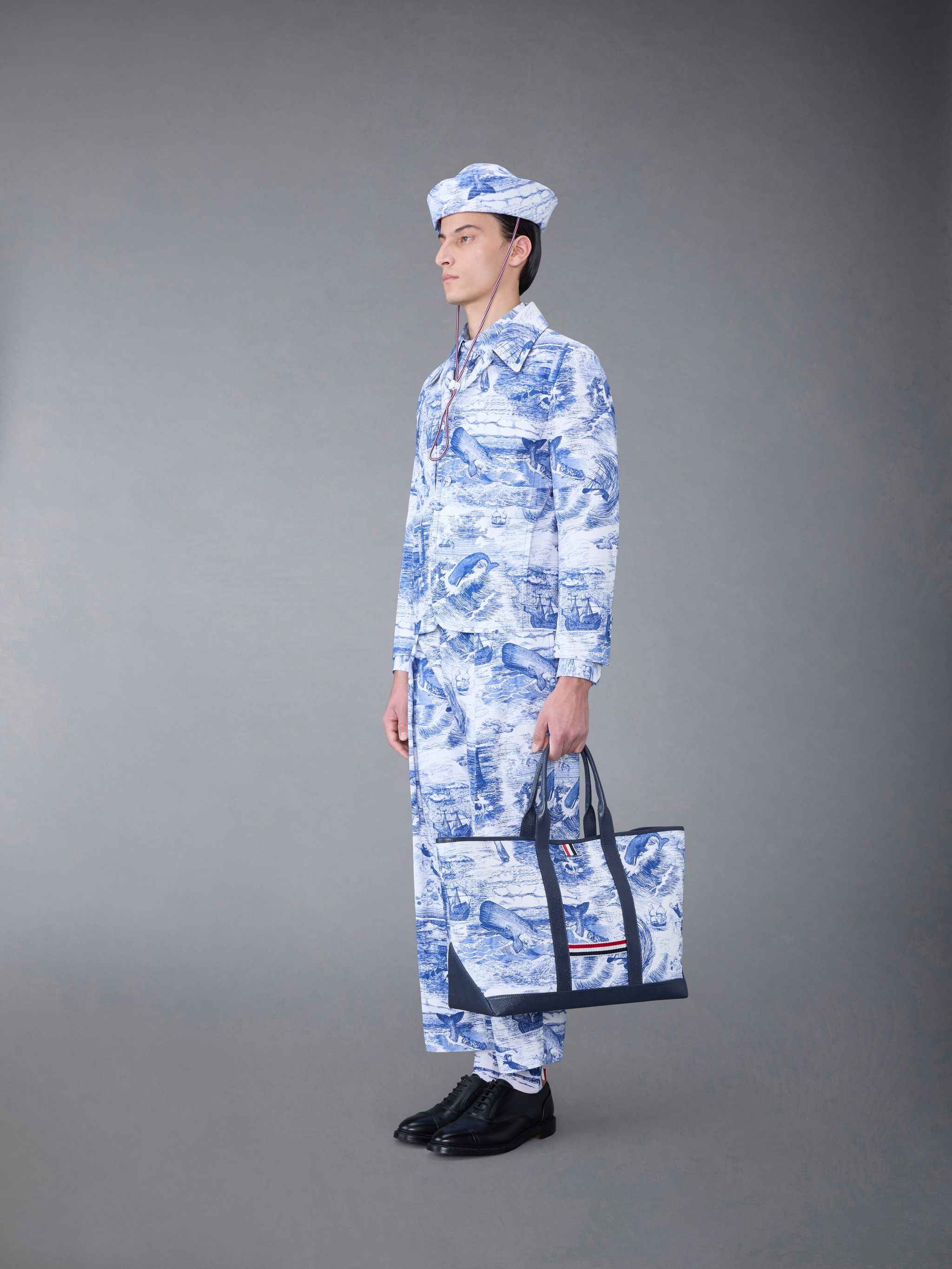 Nautical Toile Canvas Leather Handle Medium Tool Tote - 4