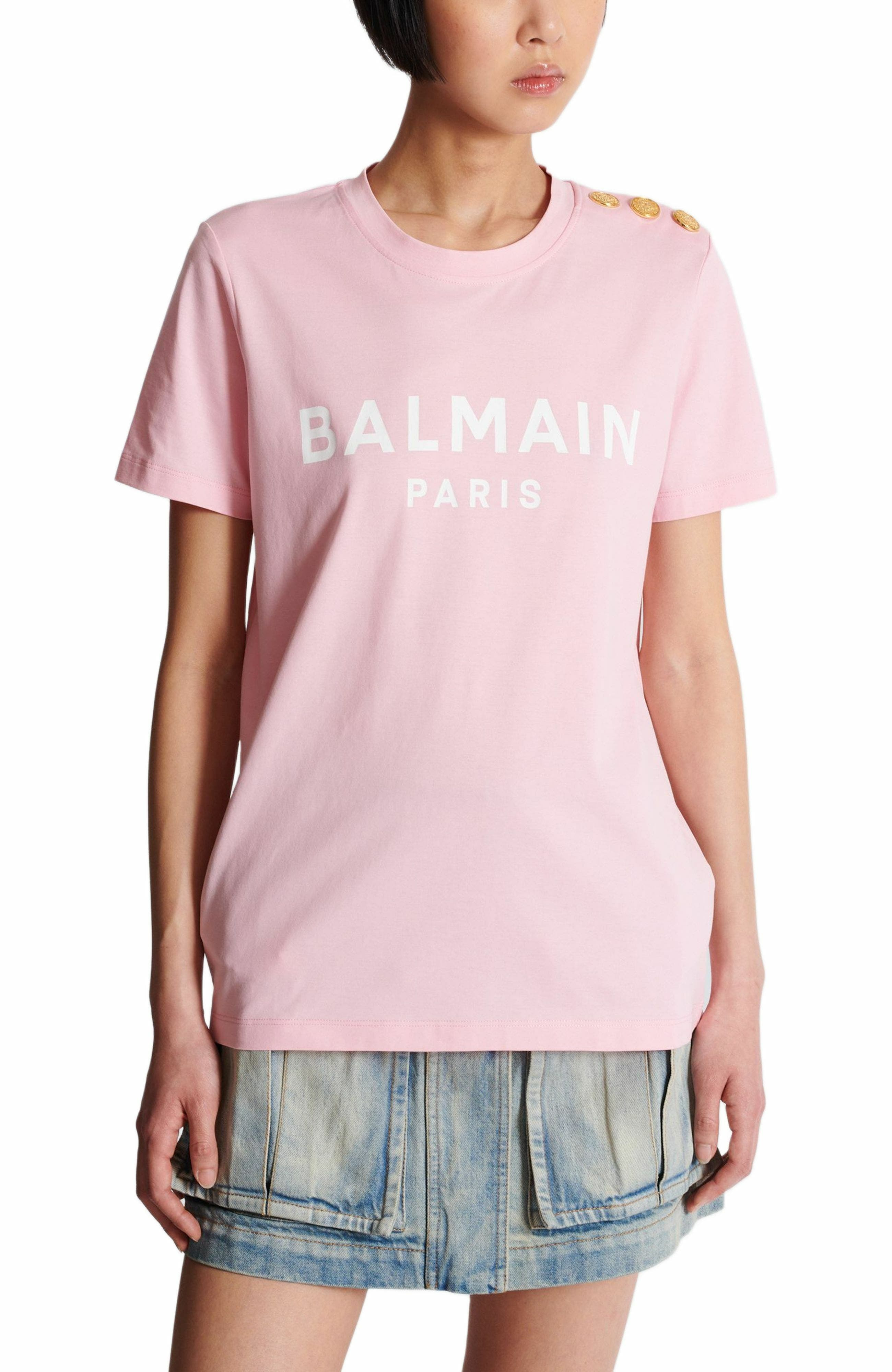 T-shirt with Balmain Paris print with buttons in Pink at Nordstrom - 4