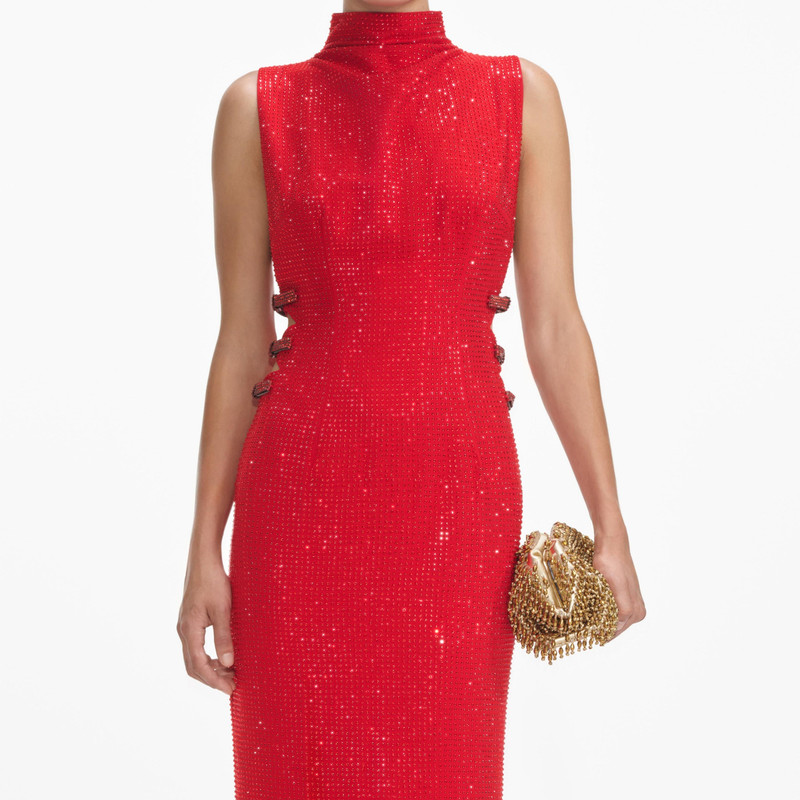 레드 라인스톤 Crepe Maxi 드레스 4