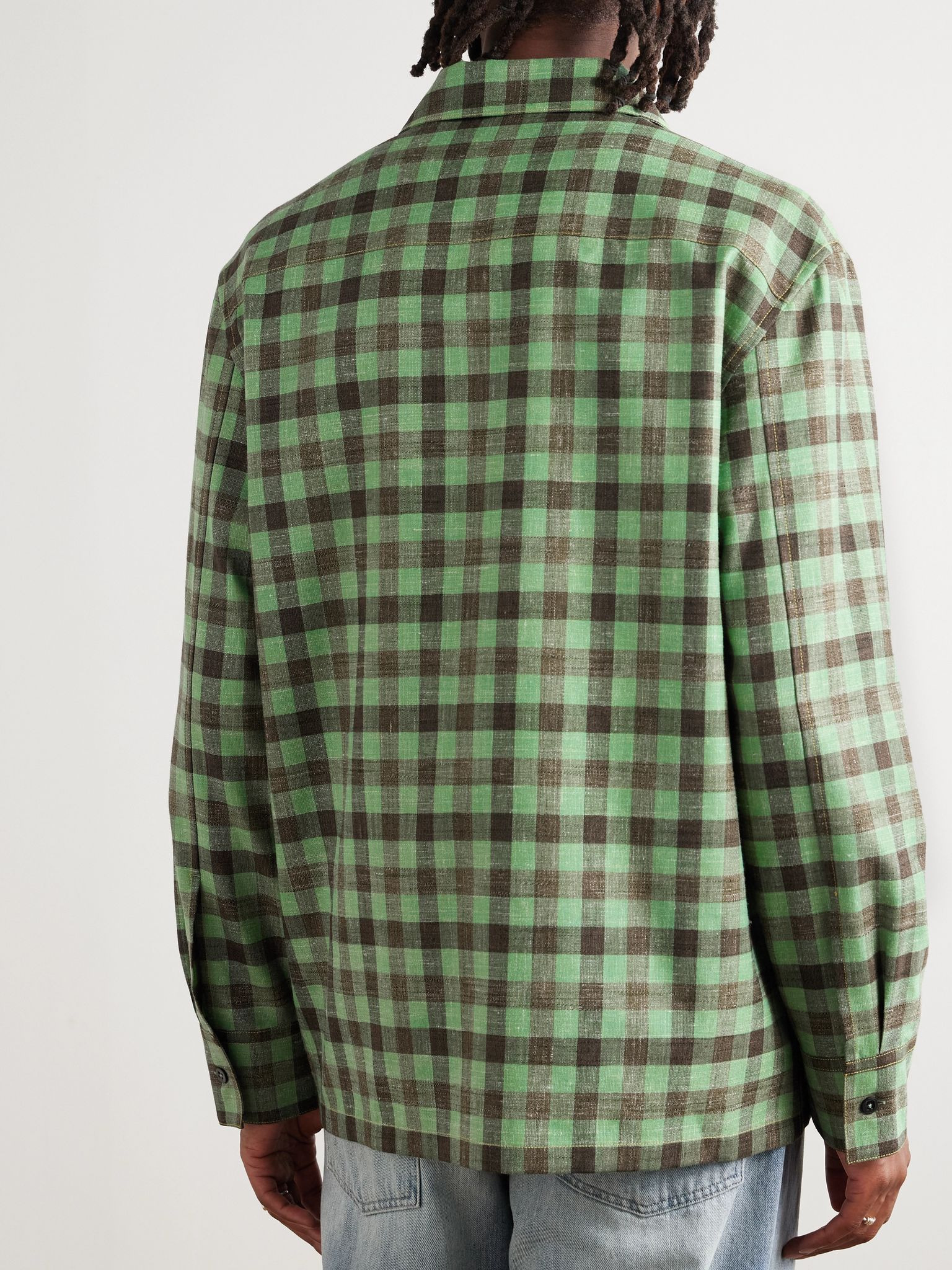 Checked Woven Zip-Up Shirt Green - 4
