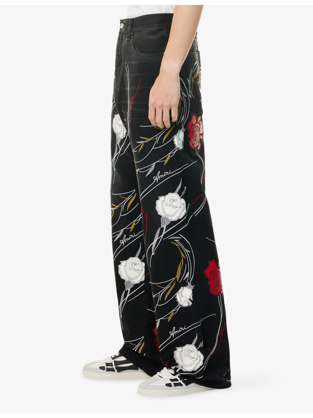 Floral-Embroidery Baggy Denim Jeans - 3