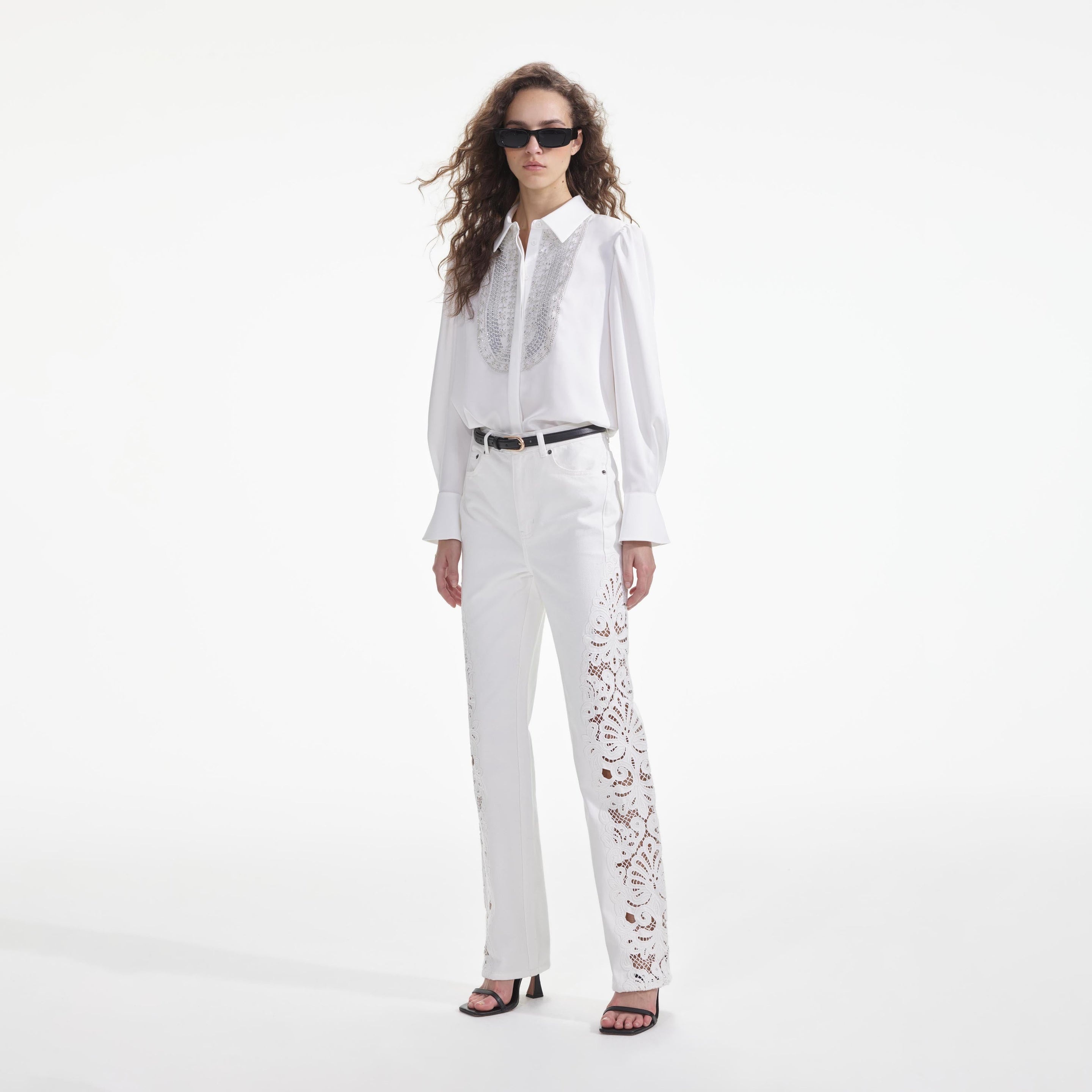 White Satin Embellished Bib Blouse - 2