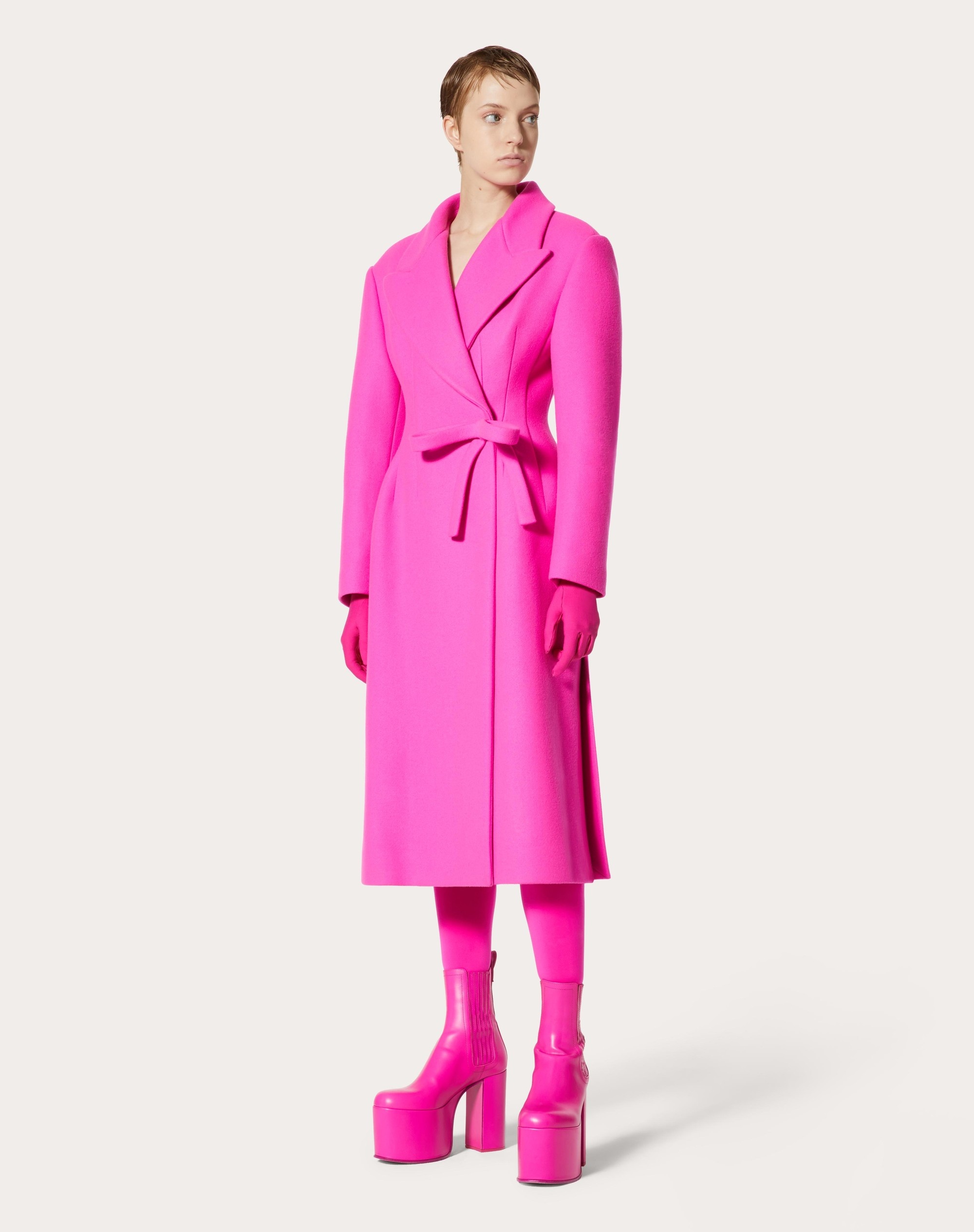 DIAGONAL DOUBLE WOOL LONG COAT WITH BOW DETAIL - 2