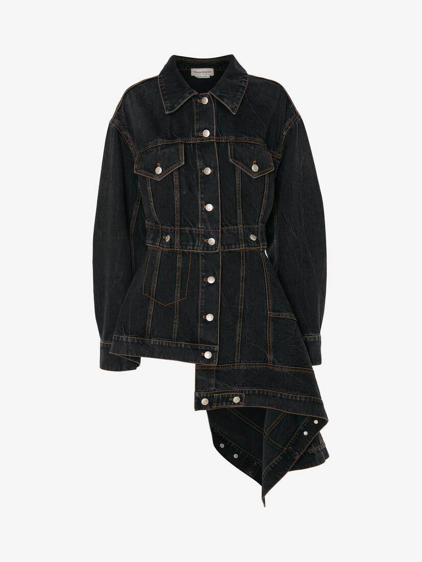 Pieced And Patched Asymmetric Denim Jacket in Stone Washed Black - 1