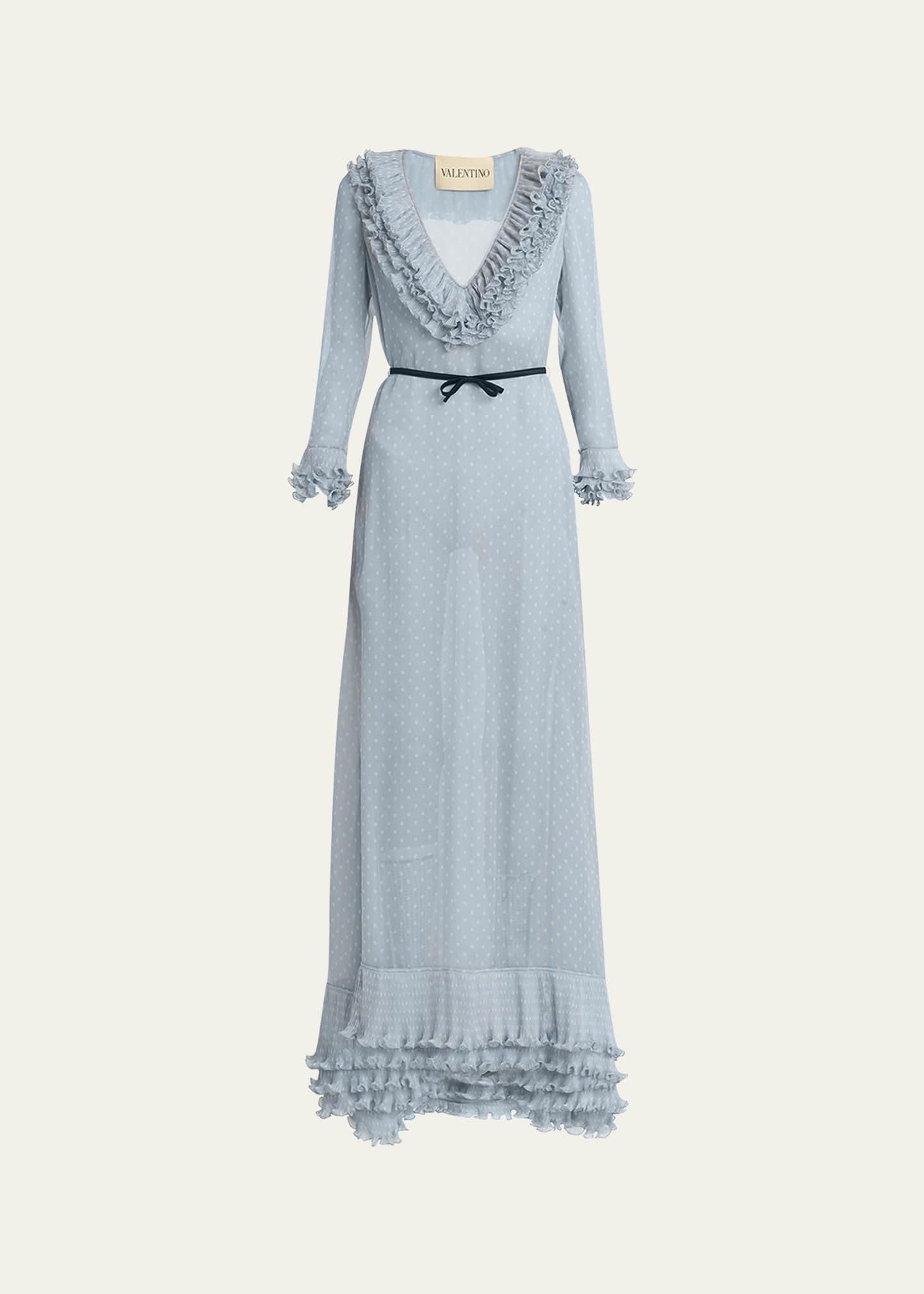 Polka Dot Layered Ruffle Sheer Gown with Ribbon - 1