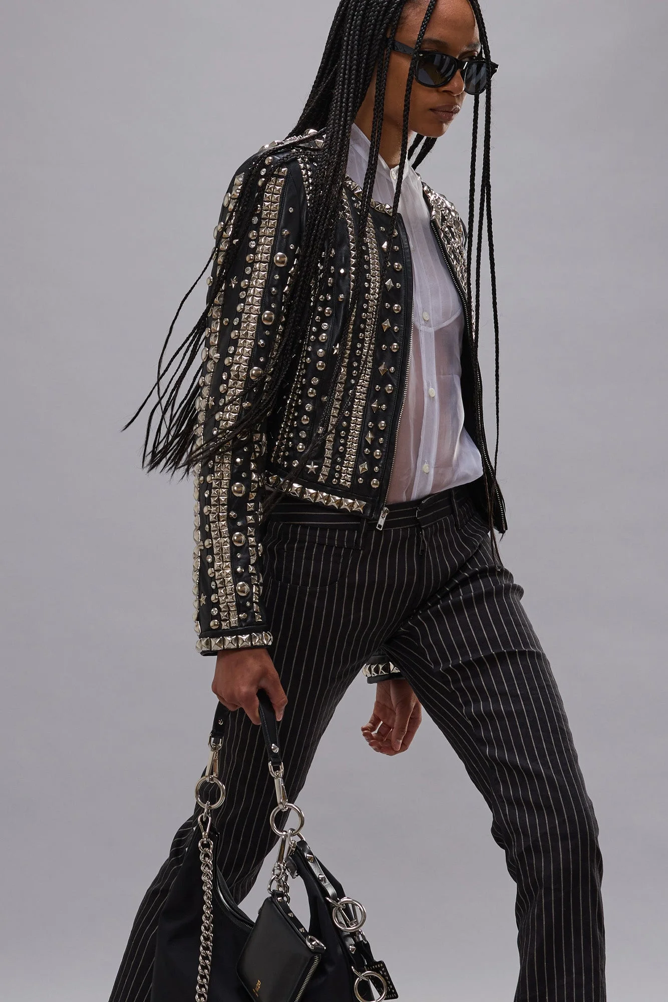 FRONT ZIP CREWNECK LEATHER JACKET - 1