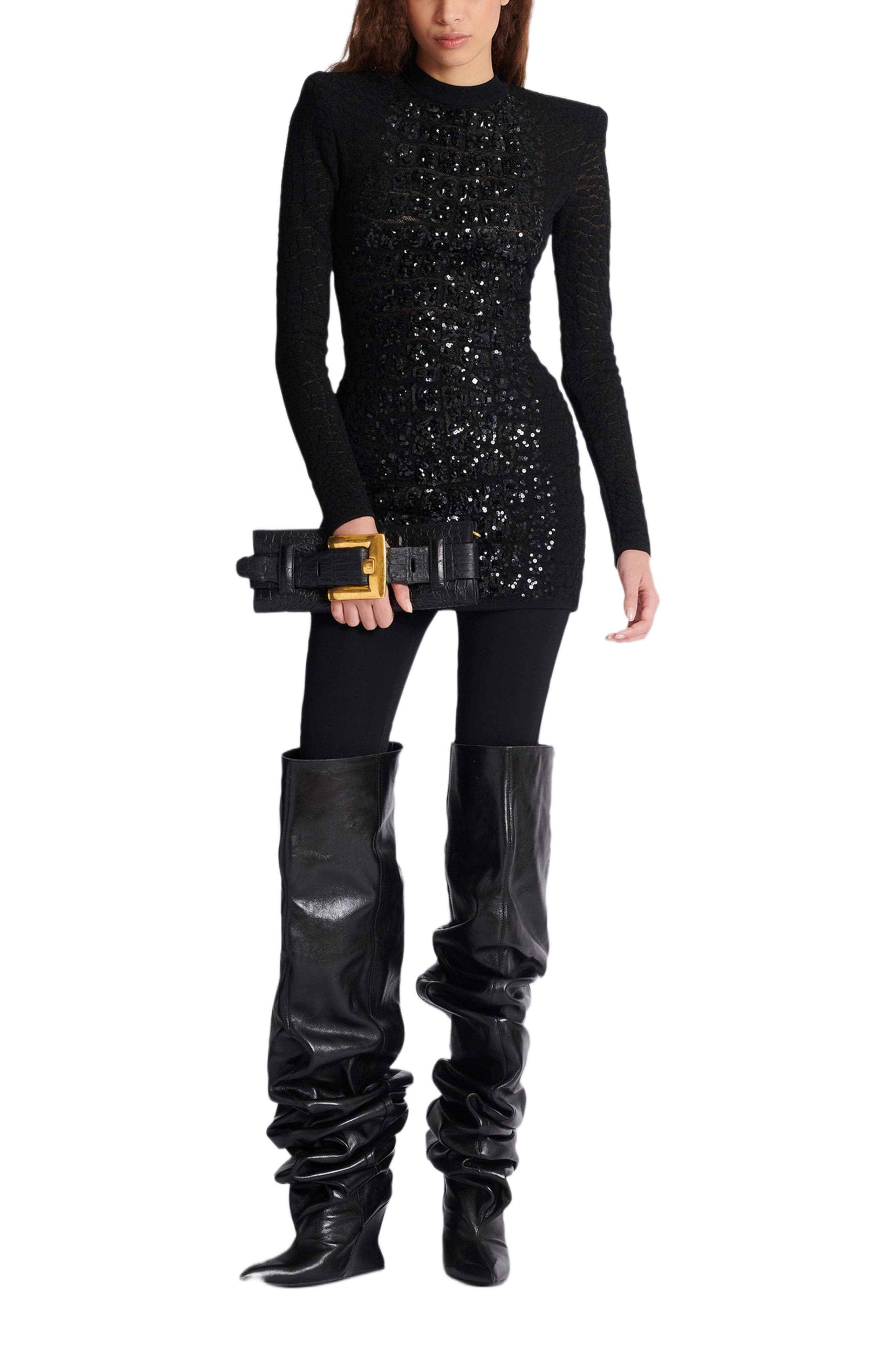 Balmain Short Sequin Dress In Crocodile Knit in Black at Nordstrom - 3