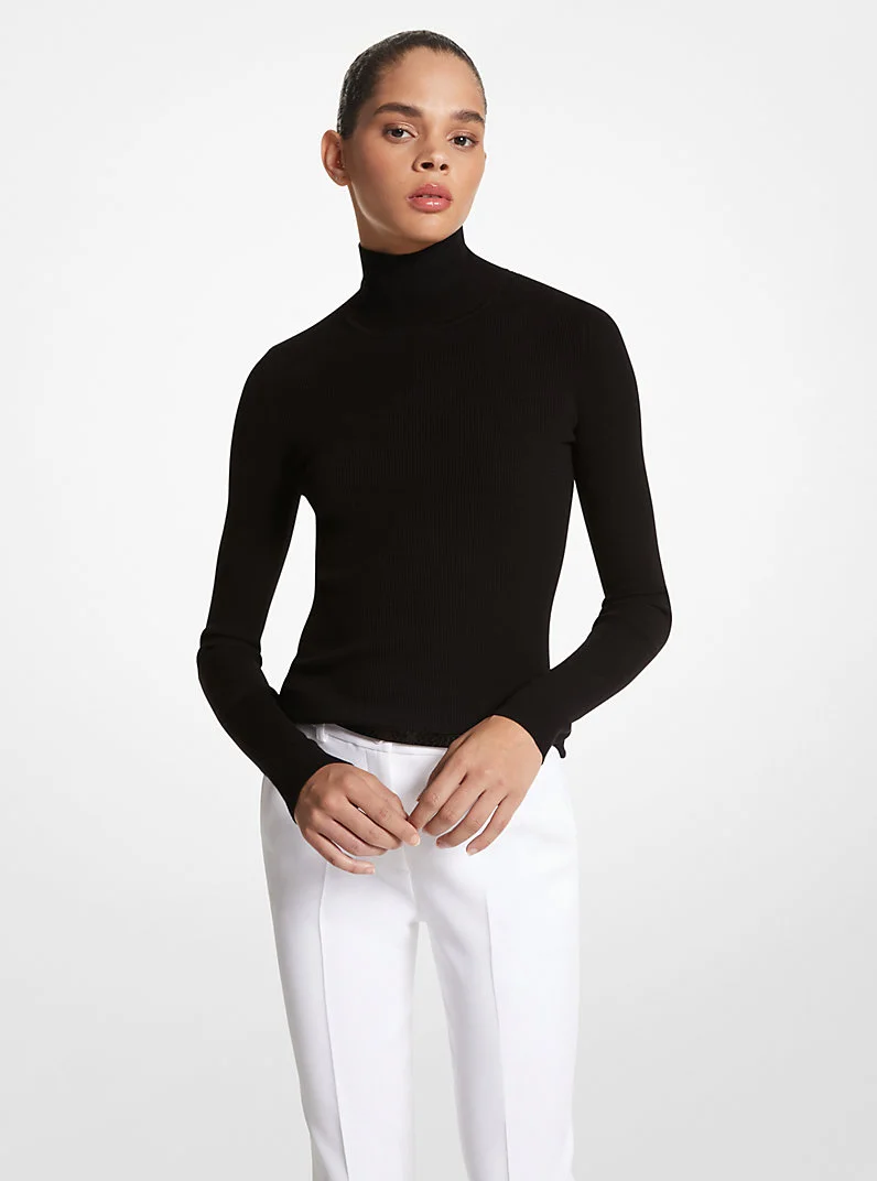 Ribbed Stretch Viscose Turtleneck Sweater - 1