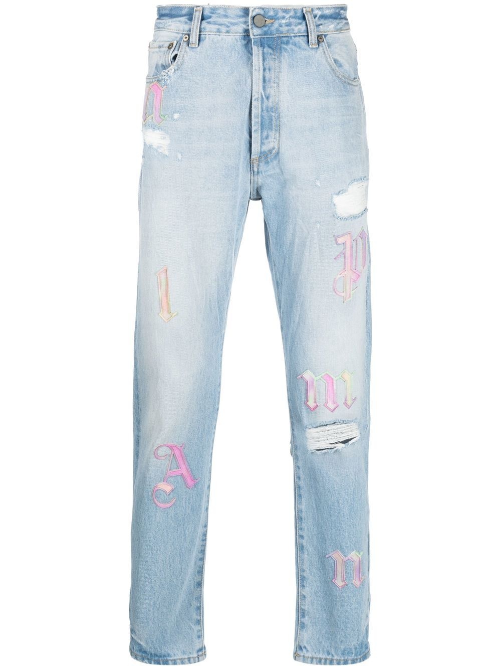 ripped embroidered tapered jeans - 1