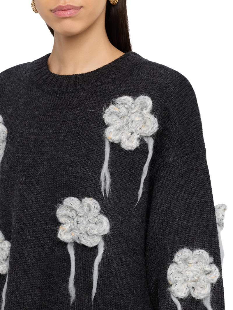 Women's Floral Crochet Crewneck Sweater - Black 5