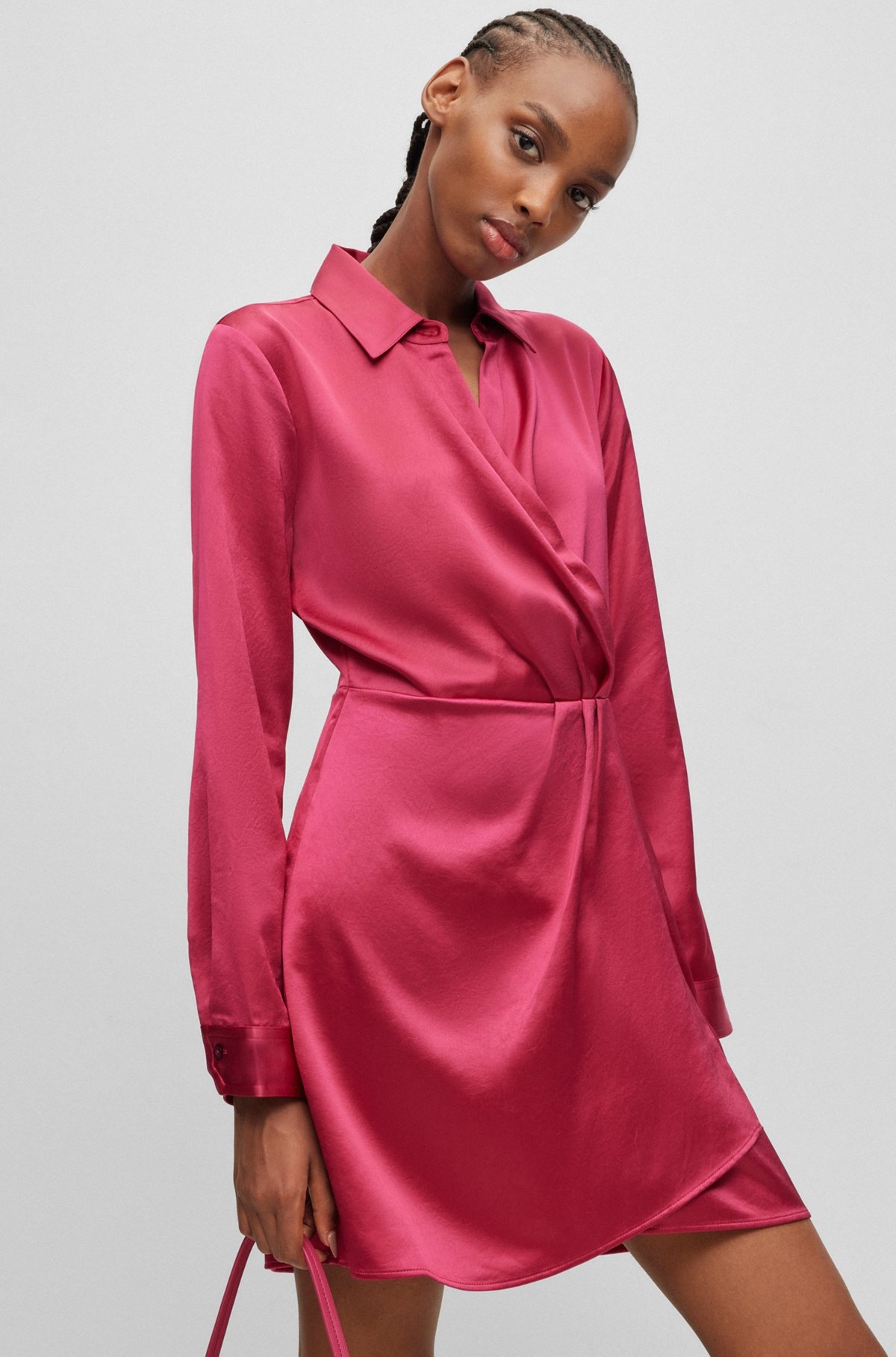LONG-SLEEVED DRESS IN SATIN WITH WRAP FRONT - 6