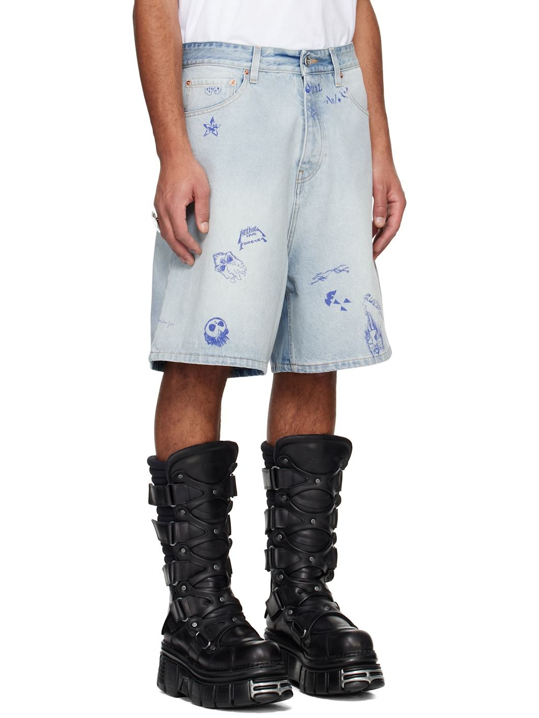 Blue Scribbled Denim Shorts - 2